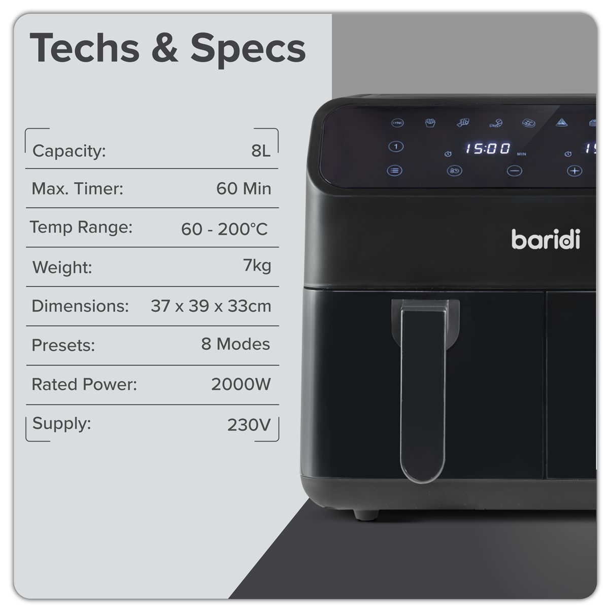 Baridi DH172 Baridi Dual Zone Air Fryer 8L with 8-in-1 Functions Touch Controls, Easy-Clean, Black - DH172