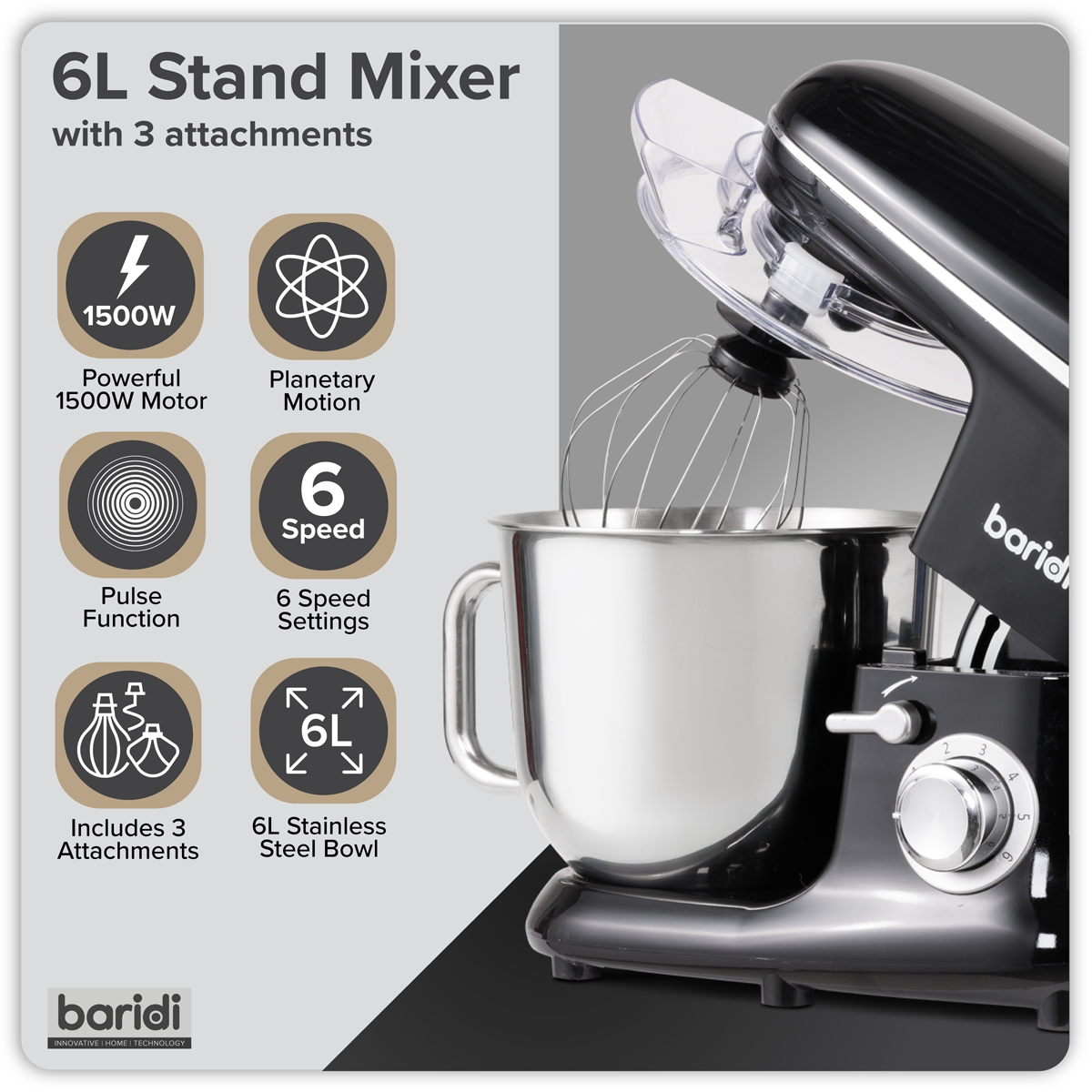 Baridi DH173 Baridi 1500W Stand Mixer with Accessories 6L - Black