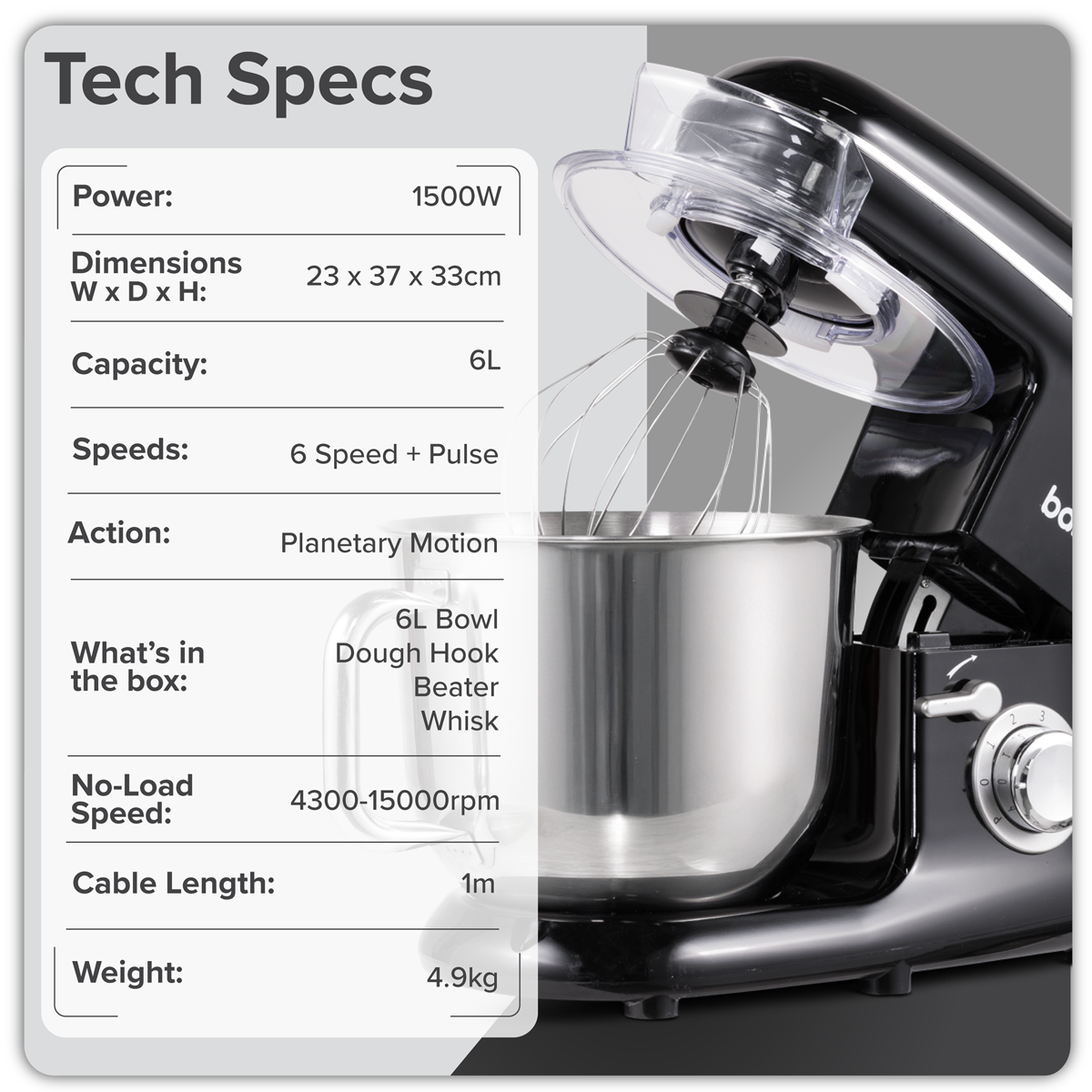 Baridi DH173 Baridi 1500W Stand Mixer with Accessories 6L - Black