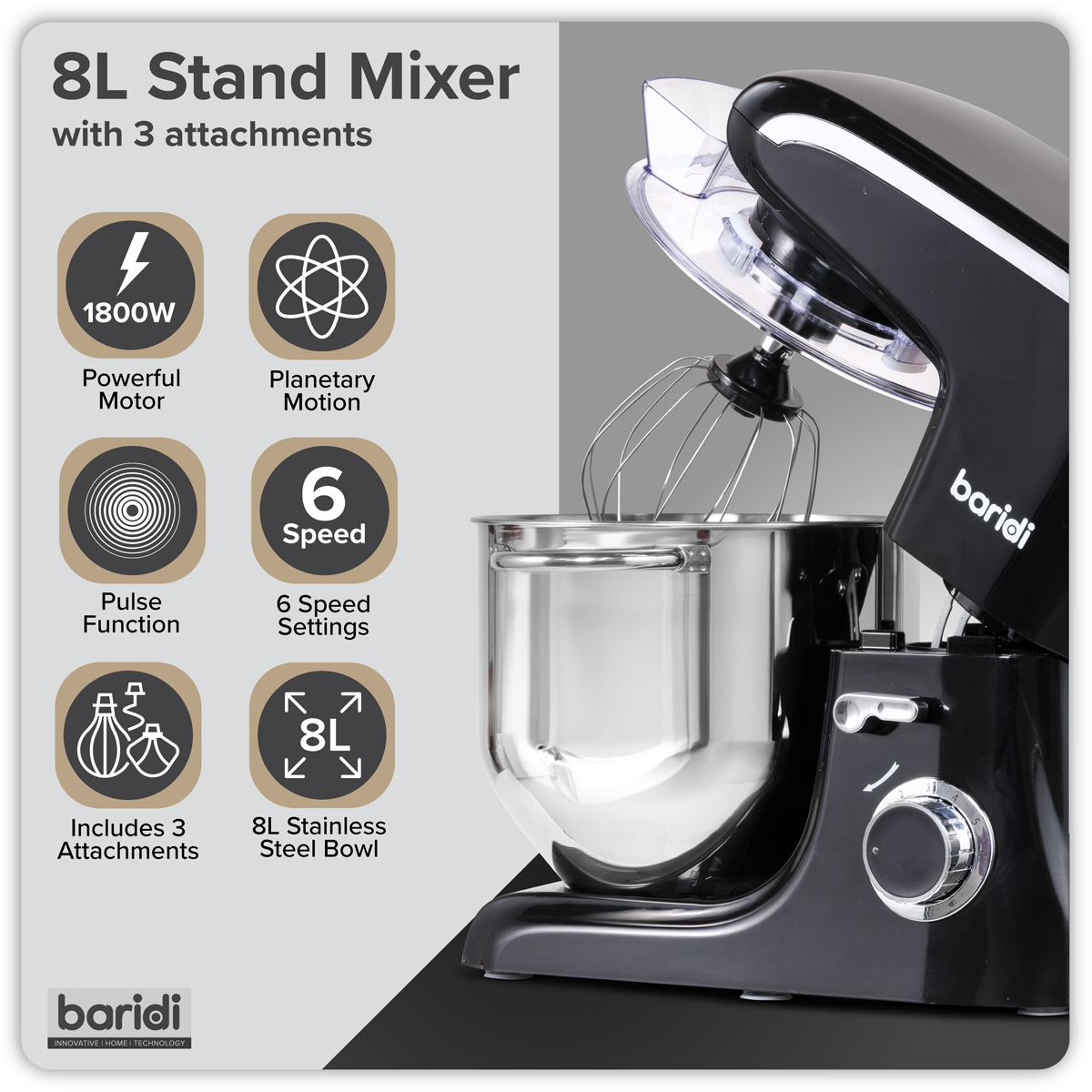 Baridi DH174 Baridi 1800W Stand Mixer with Accessories 8L - Black