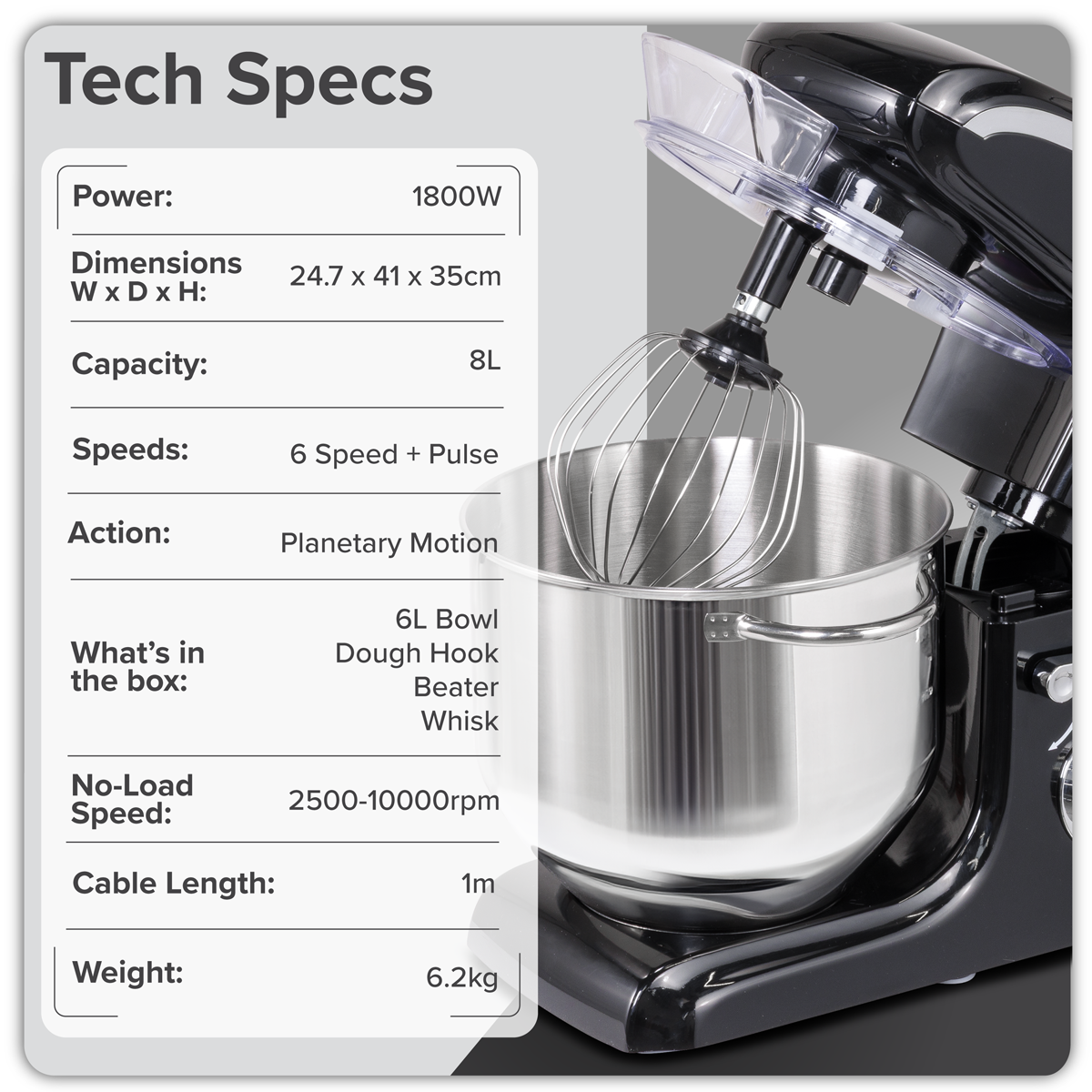 Baridi DH174 Baridi 1800W Stand Mixer with Accessories 8L - Black