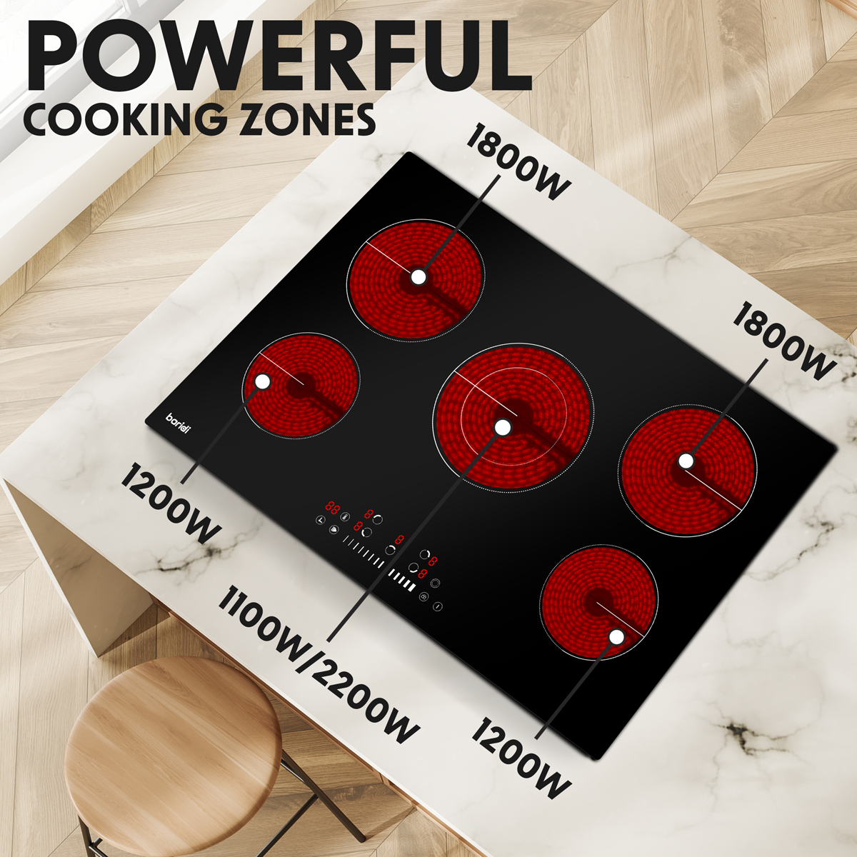 Baridi DH175 Baridi Integrated Ceramic Hob with 5 Cooking Zones 77cm - Black Glass