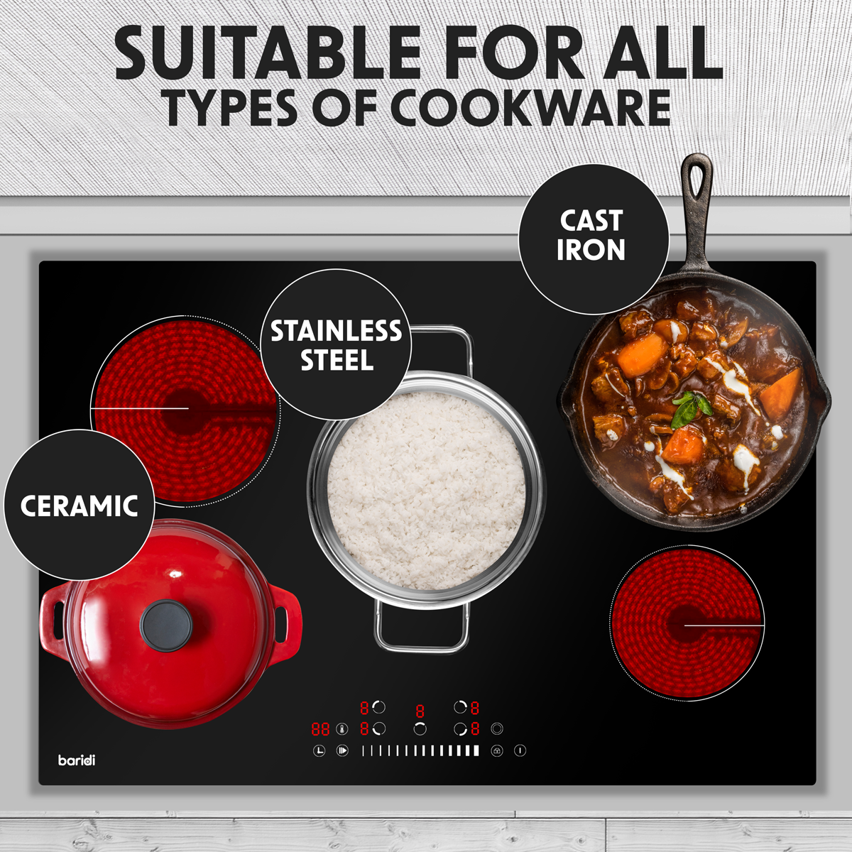 Baridi DH175 Baridi Integrated Ceramic Hob with 5 Cooking Zones 77cm - Black Glass