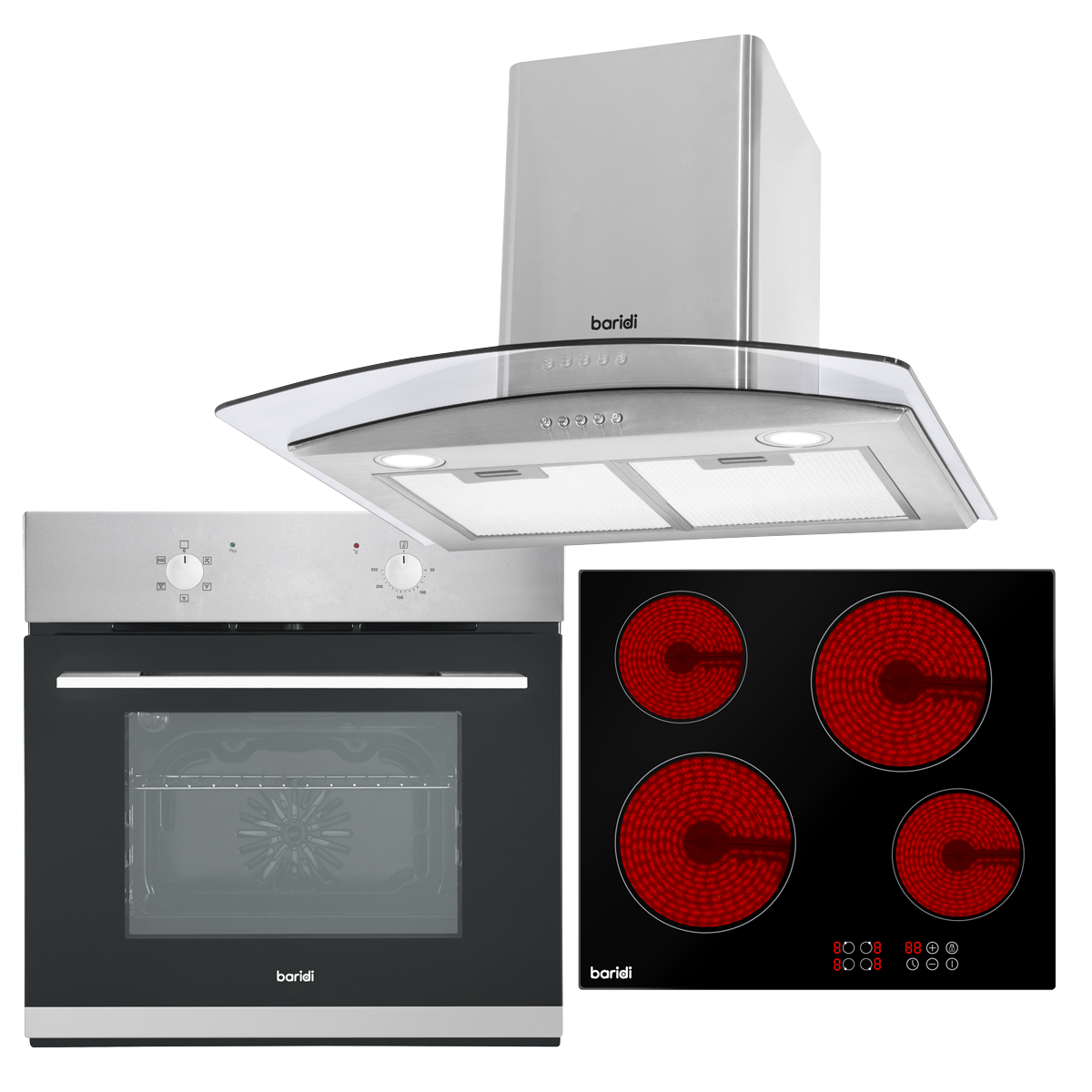 Baridi DH187 Baridi Integrated Ceramic Hob with 4 Cooking Zones, Integrated Fan-Assisted Electric Oven & Curved Glass Cooker Hood with Carbon Filters & LED Lights