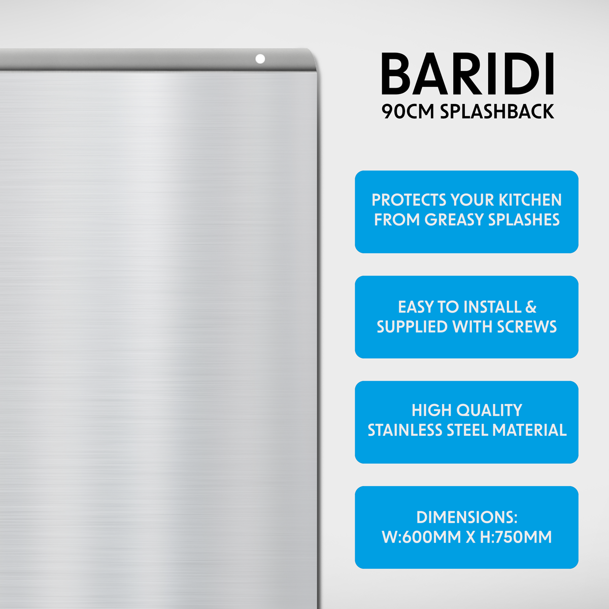 Baridi DH195 Baridi Splashback for Cooker Hoods 90 x 75cm - Stainless Steel