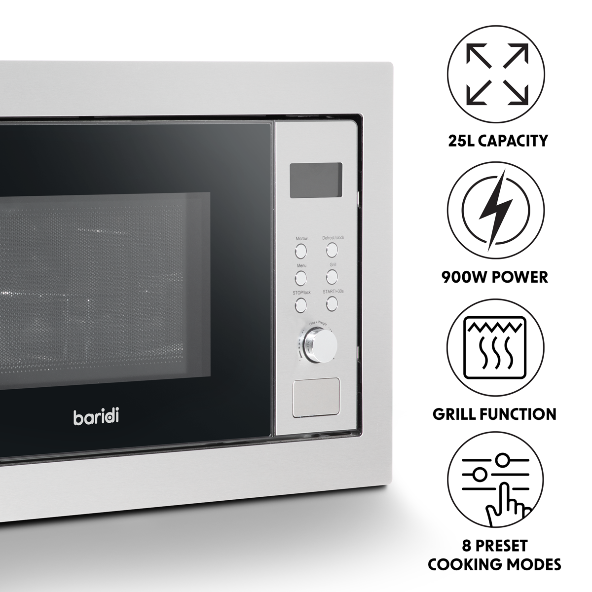 Baridi DH197 Baridi Integrated Microwave Oven with Grill 25L Capacity 900W - Stainless Steel