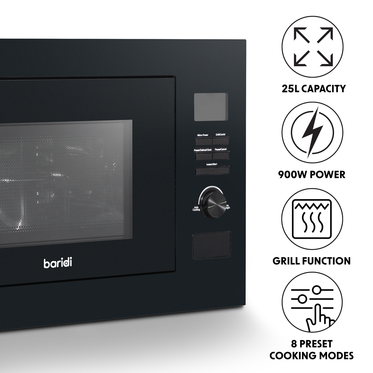 Baridi DH198 Baridi Integrated Microwave Oven with Grill 25L Capacity 900W - Black