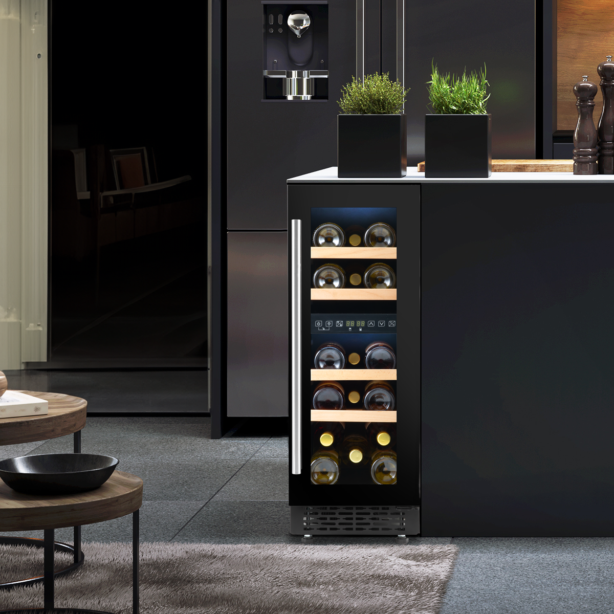 Baridi DH204 Baridi 17 Bottle Dual Zone Slim Built-In 30cm Wine Cooler with Touch Screen Controls, Beech Wood Shelves & LED Light - Black