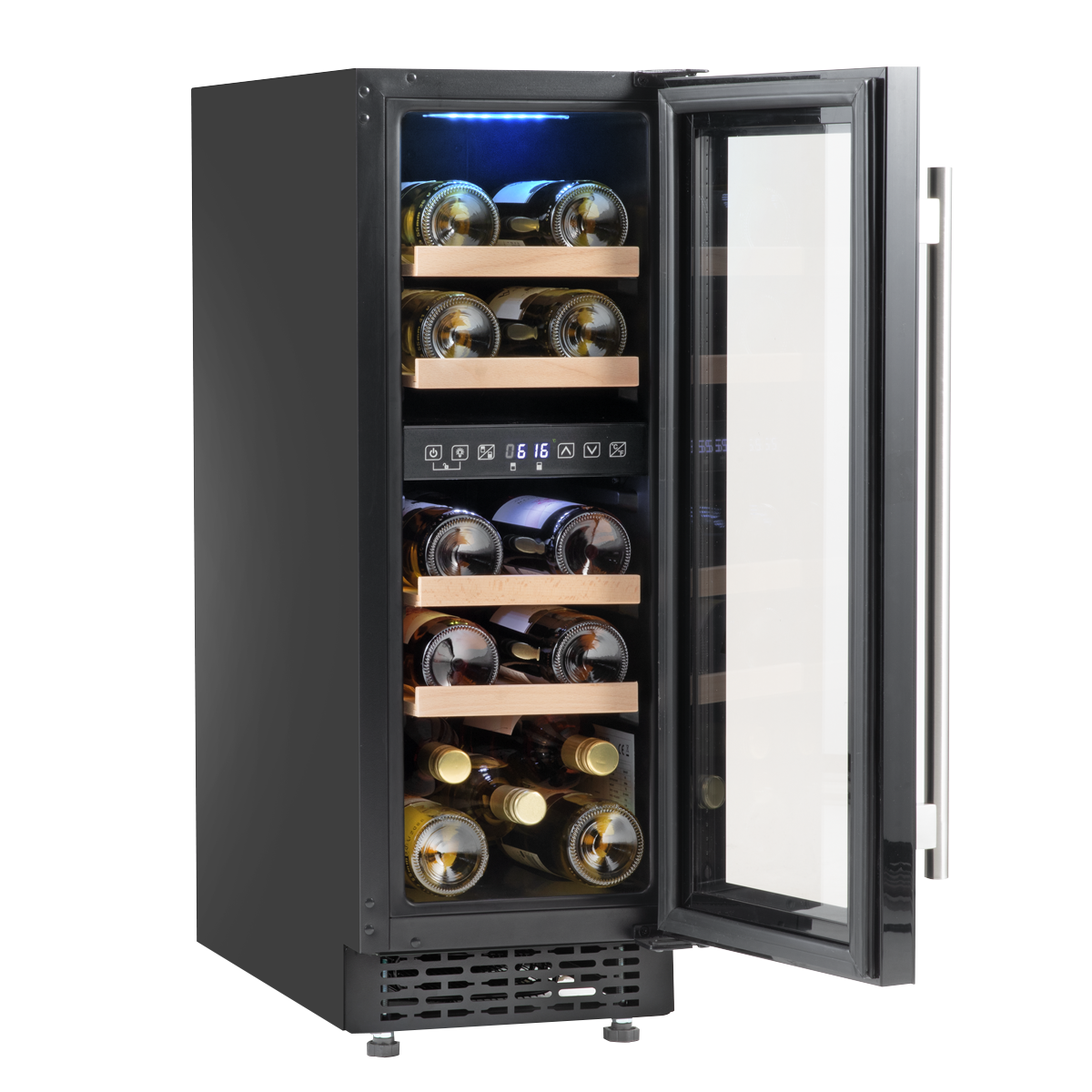 Baridi DH204 Baridi 17 Bottle Dual Zone Slim Built-In 30cm Wine Cooler with Touch Screen Controls, Beech Wood Shelves & LED Light - Black