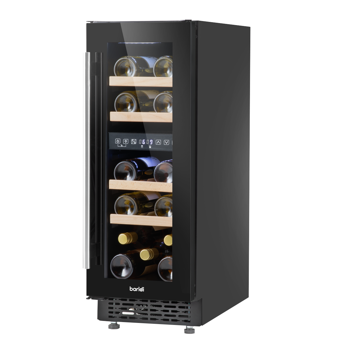 Baridi DH204 Baridi 17 Bottle Dual Zone Slim Built-In 30cm Wine Cooler with Touch Screen Controls, Beech Wood Shelves & LED Light - Black