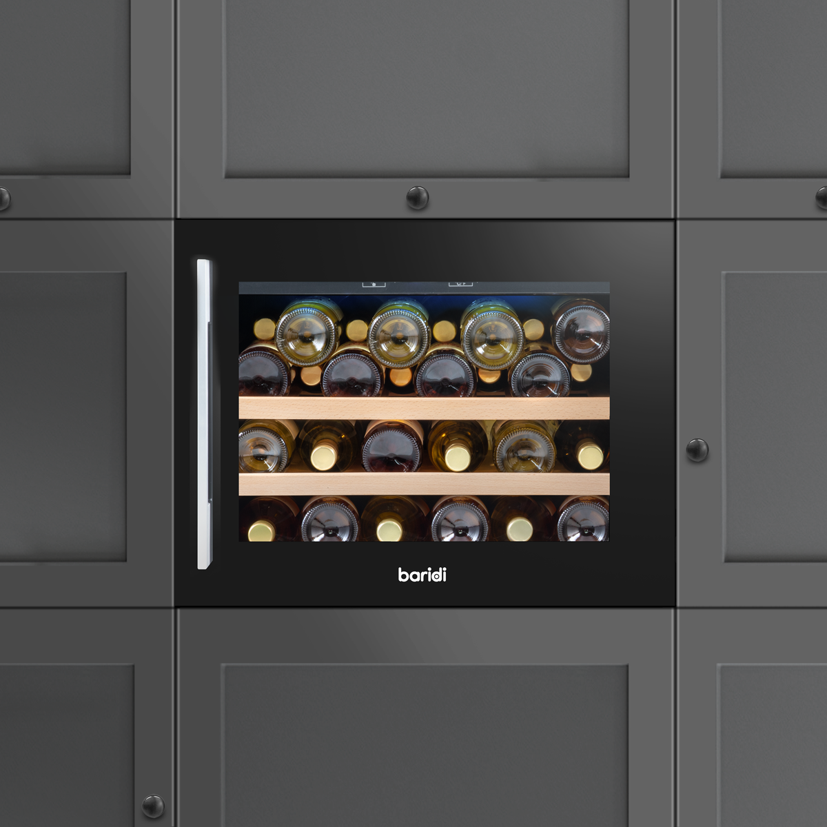 Baridi DH205 Baridi 28 Bottle Built-In Wine Cooler with Touch Screen Controls, Beech Wood Shelves & LED Light - Black