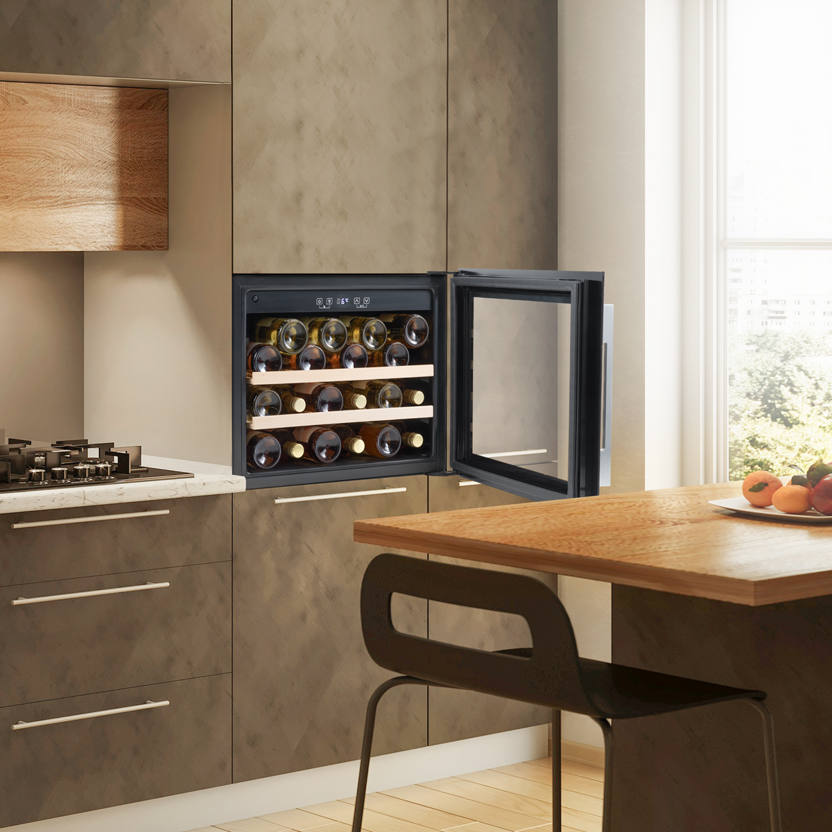 Baridi DH205 Baridi 28 Bottle Built-In Wine Cooler with Touch Screen Controls, Beech Wood Shelves & LED Light - Black