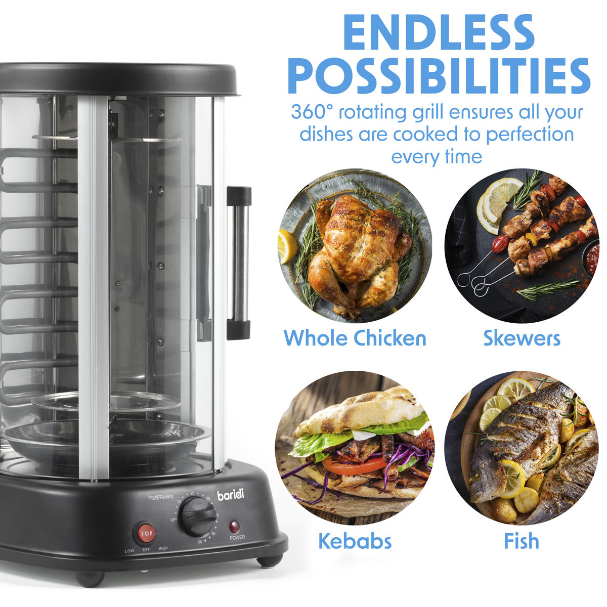 Baridi DH216 Baridi Vertical 360° Rotisserie Smokeless Grill 21L Capacity