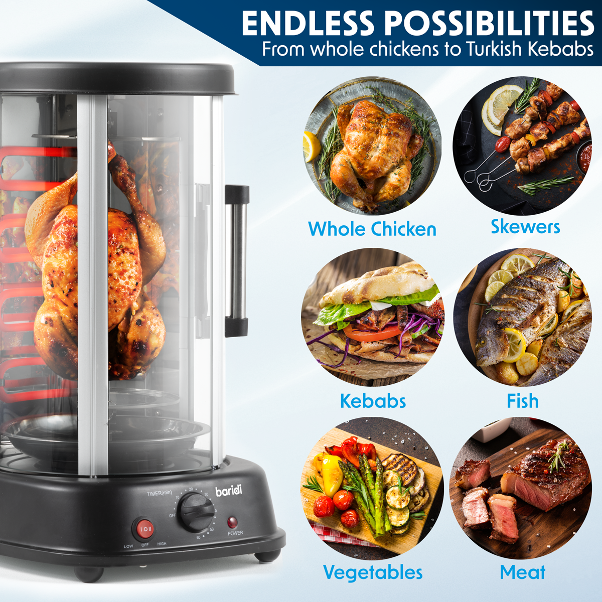 Baridi DH216 Baridi Vertical 360° Rotisserie Smokeless Grill 21L Capacity
