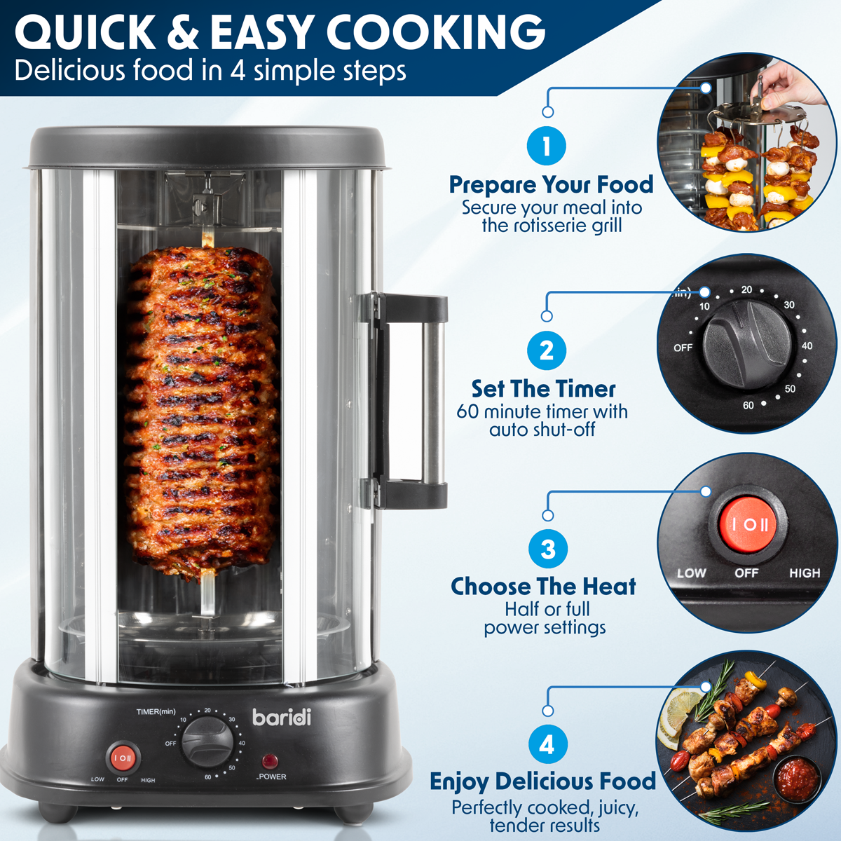 Baridi DH216 Baridi Vertical 360° Rotisserie Smokeless Grill 21L Capacity