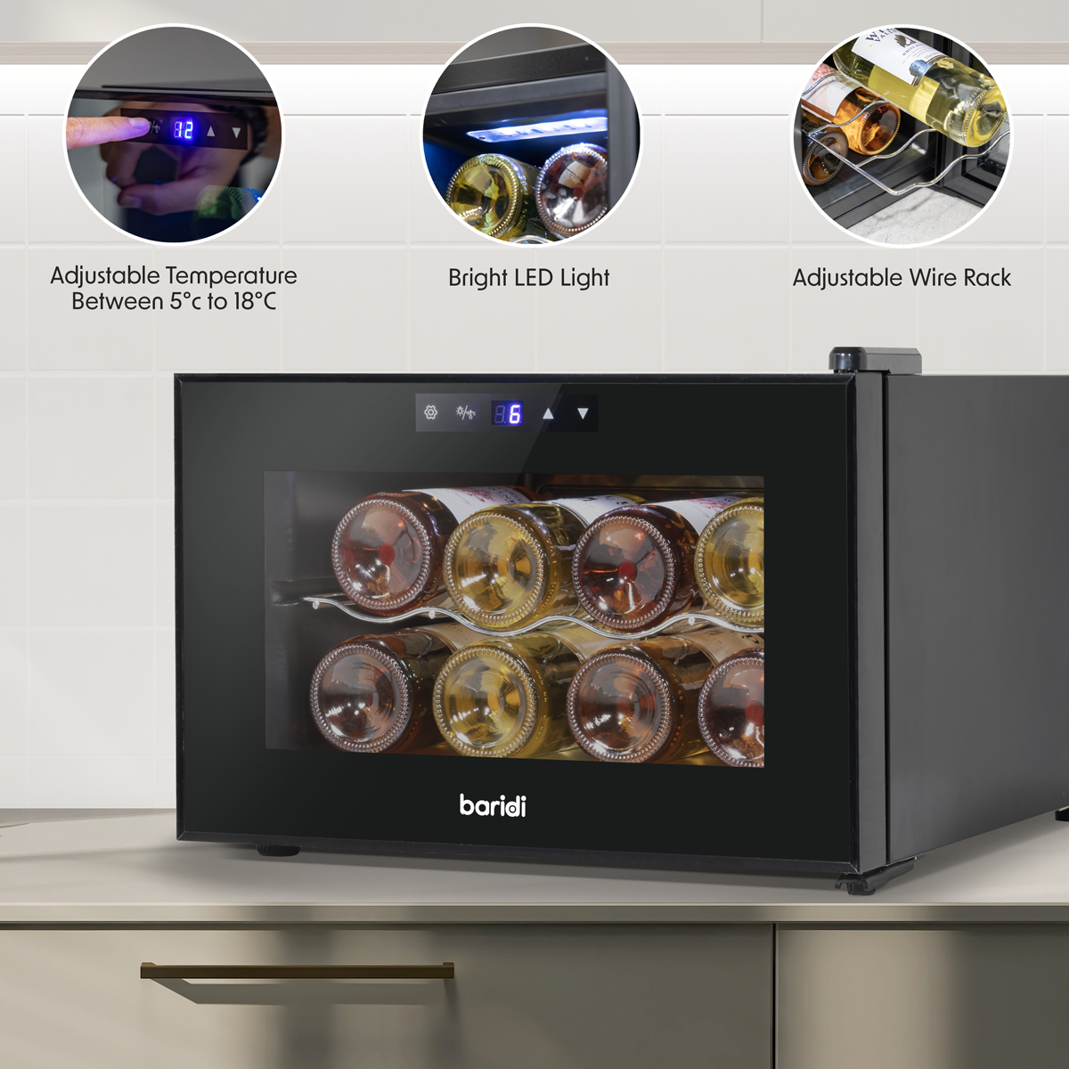Baridi DH218 Baridi 8 Bottle Thermoelectric Tabletop Wine Cooler with Touch Control - Black