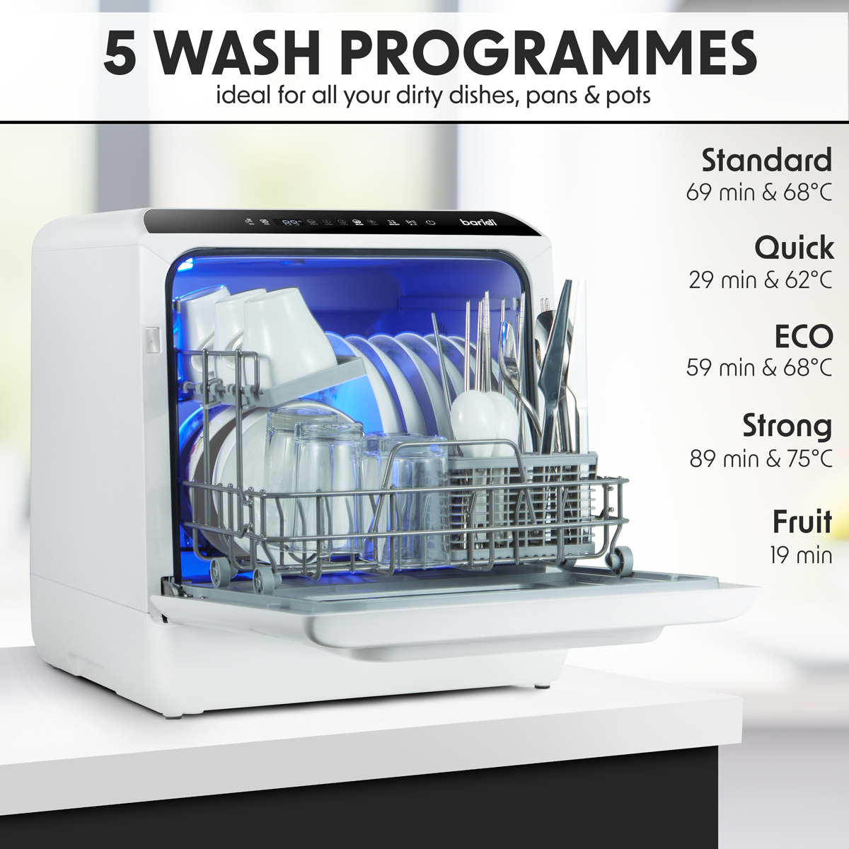 Baridi DH224A Baridi 2-4 Place Settings Mini Portable Tabletop Dishwasher, 5 Wash Functions