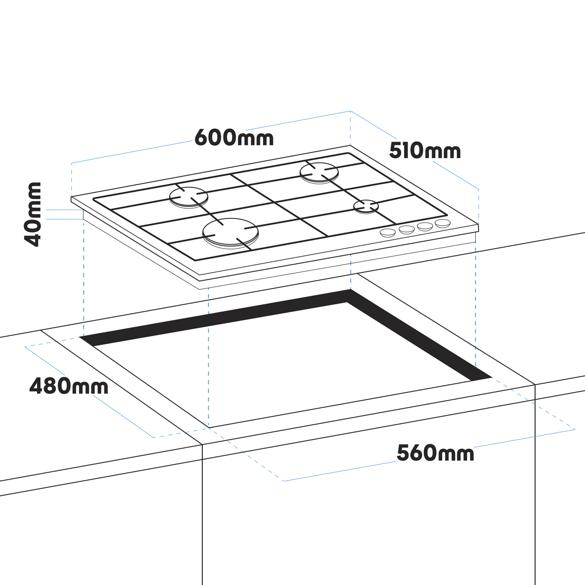 Baridi DH225 Baridi Gas Hob with 4 Cooking Zones 60cm - Stainless Steel