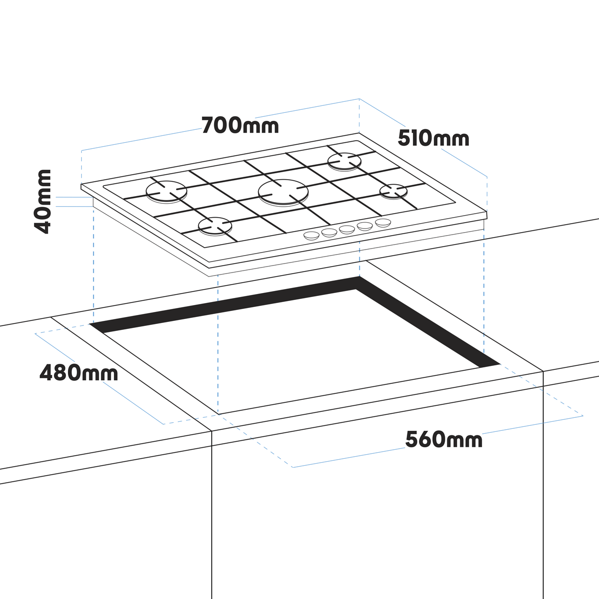 Baridi DH227 Baridi Gas Hob with 5 Cooking Zones 70cm - Stainless Steel