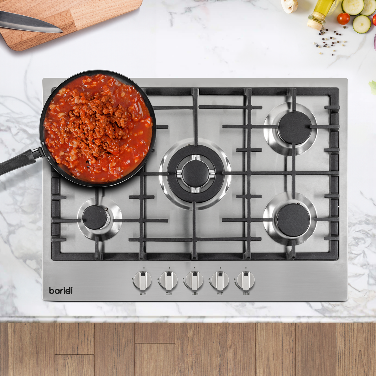 Baridi DH227 Baridi Gas Hob with 5 Cooking Zones 70cm - Stainless Steel