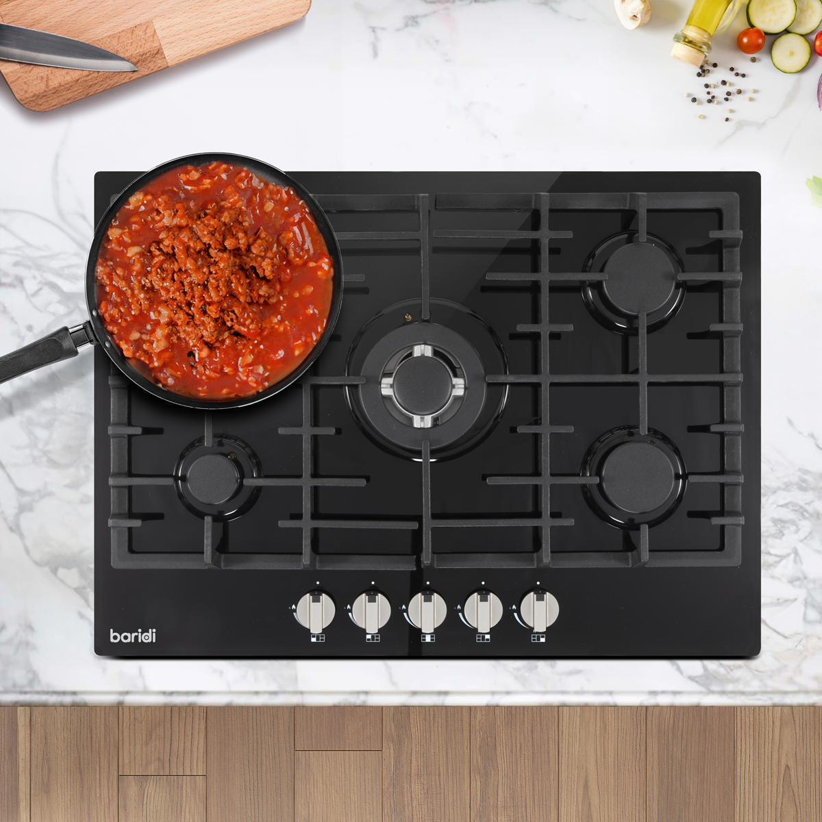 Baridi DH228 Baridi Gas Hob with 5 Cooking Zones 70cm - Black