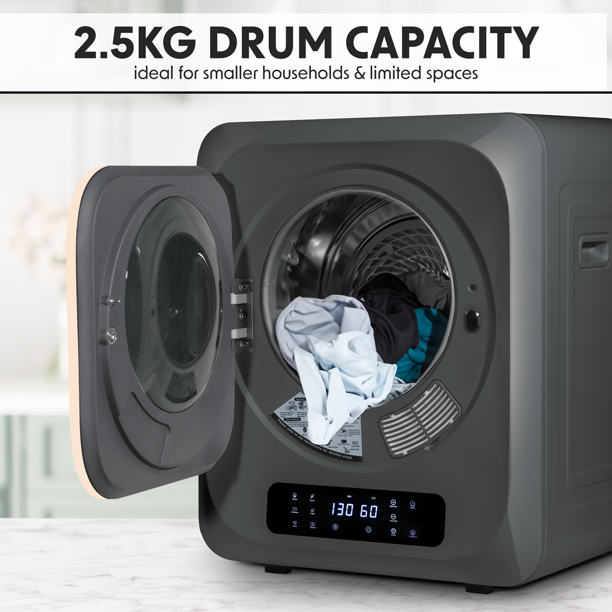 Baridi DH229 Baridi Tabletop Tumble Dryer with Digital Controls 2.5kg Capacity - Black