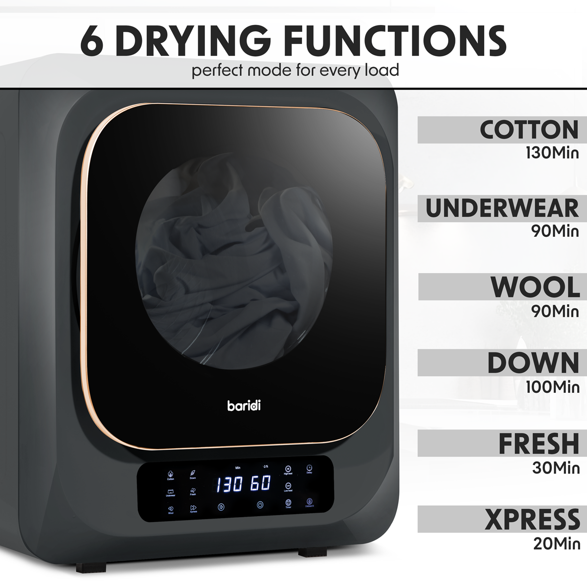 Baridi DH229 Baridi Tabletop Tumble Dryer with Digital Controls 2.5kg Capacity - Black