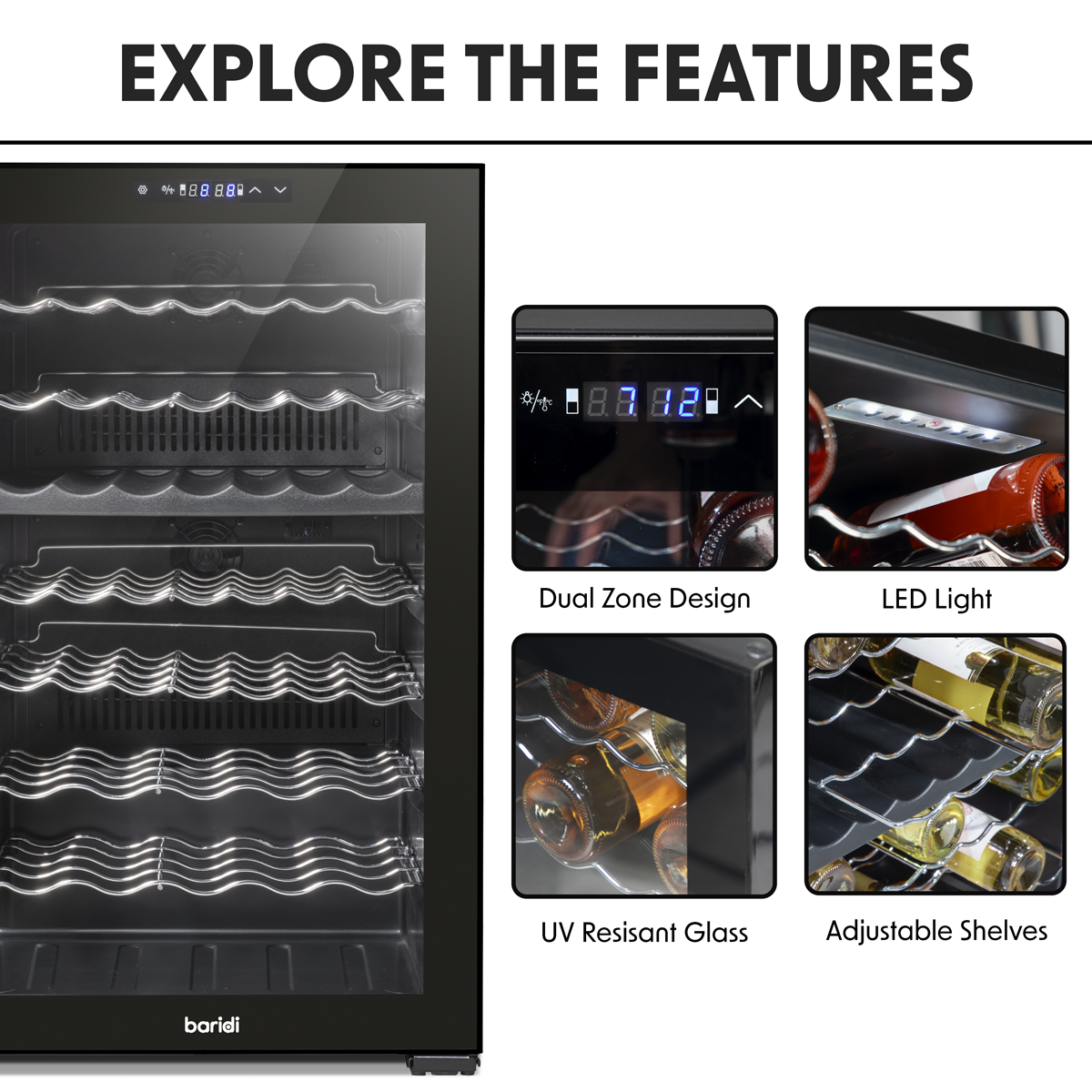 Baridi DH236 Baridi 52 Bottle Dual Zone Wine Fridge with Digital Touch Screen Controls, Wire Shelves & LED Light - Black