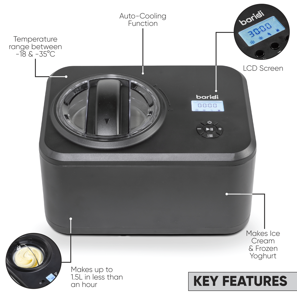Baridi DH240 Baridi Automatic Churning Ice Cream Machine 1.5L - Black