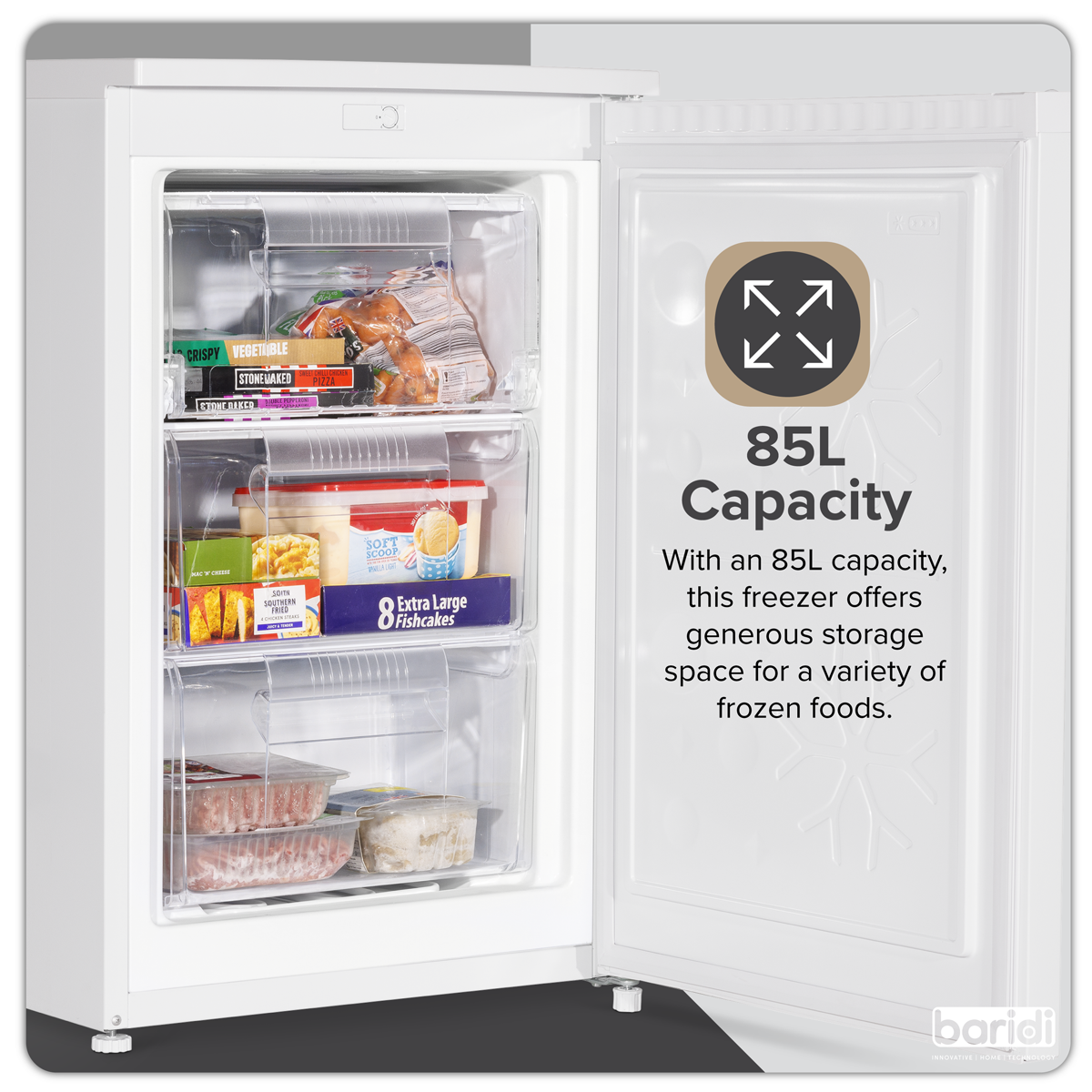 Baridi DH250 Baridi 55cm Undercounter Freezer with Adjustable Thermostat 85L - White
