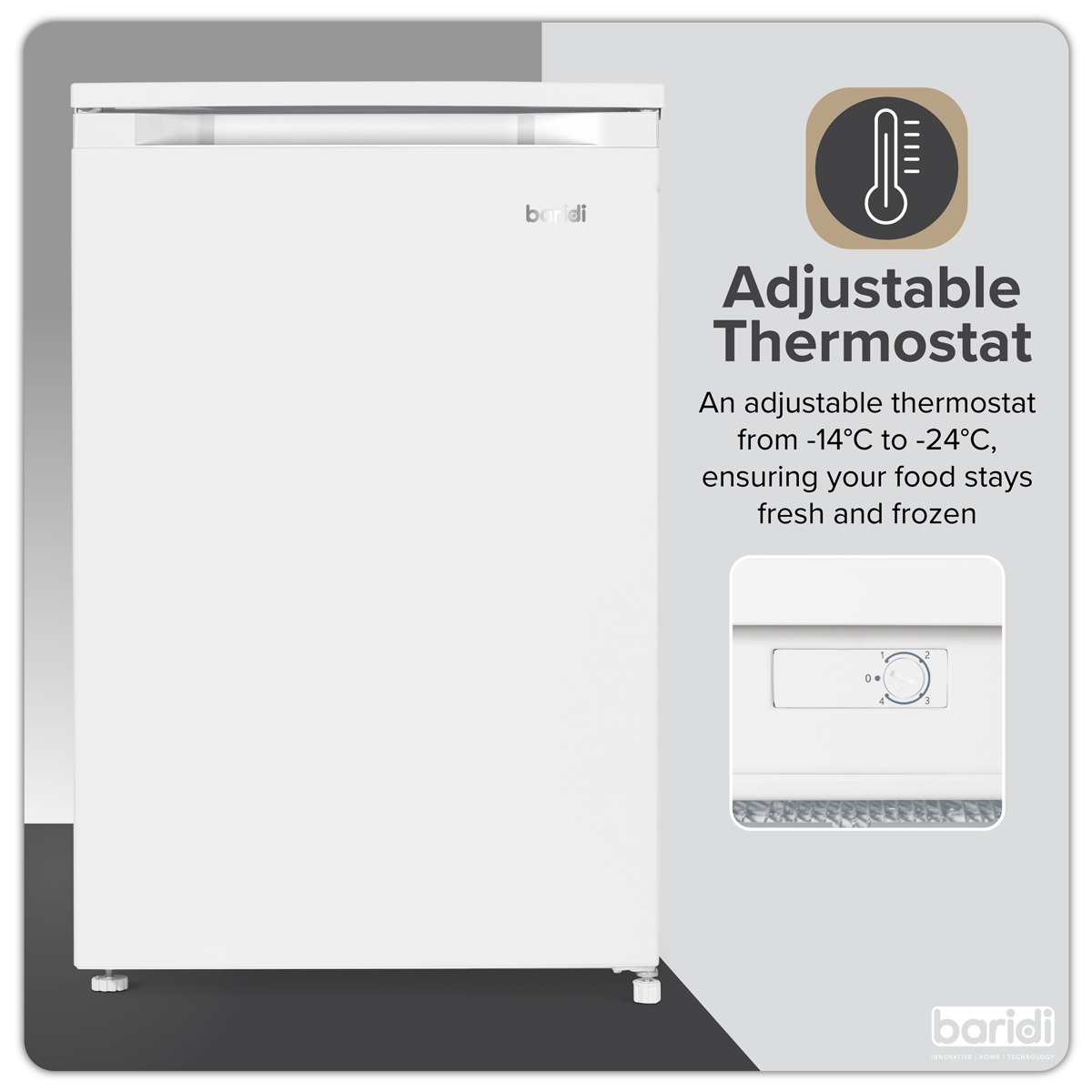 Baridi DH250 Baridi 55cm Undercounter Freezer with Adjustable Thermostat 85L - White