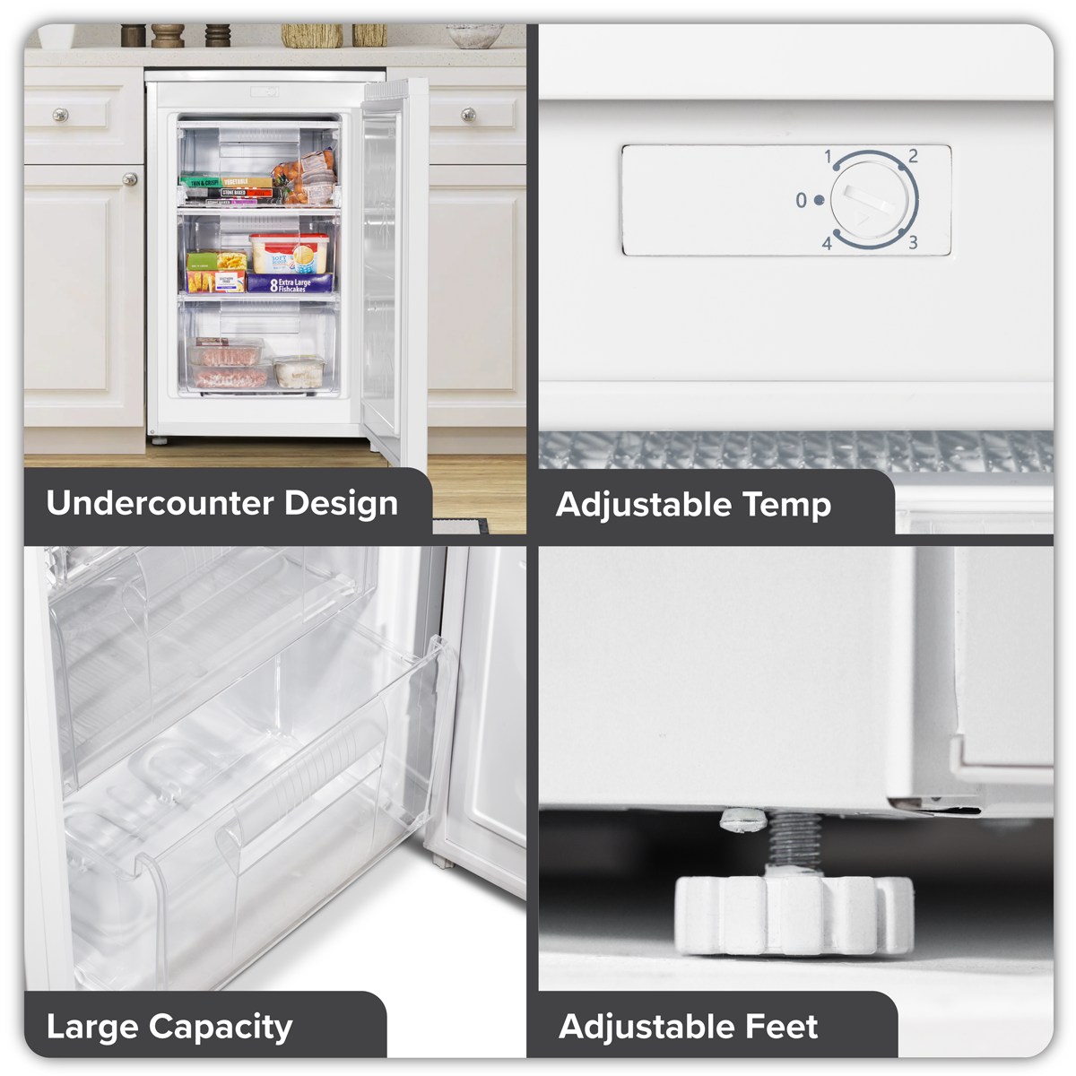 Baridi DH250 Baridi 55cm Undercounter Freezer with Adjustable Thermostat 85L - White