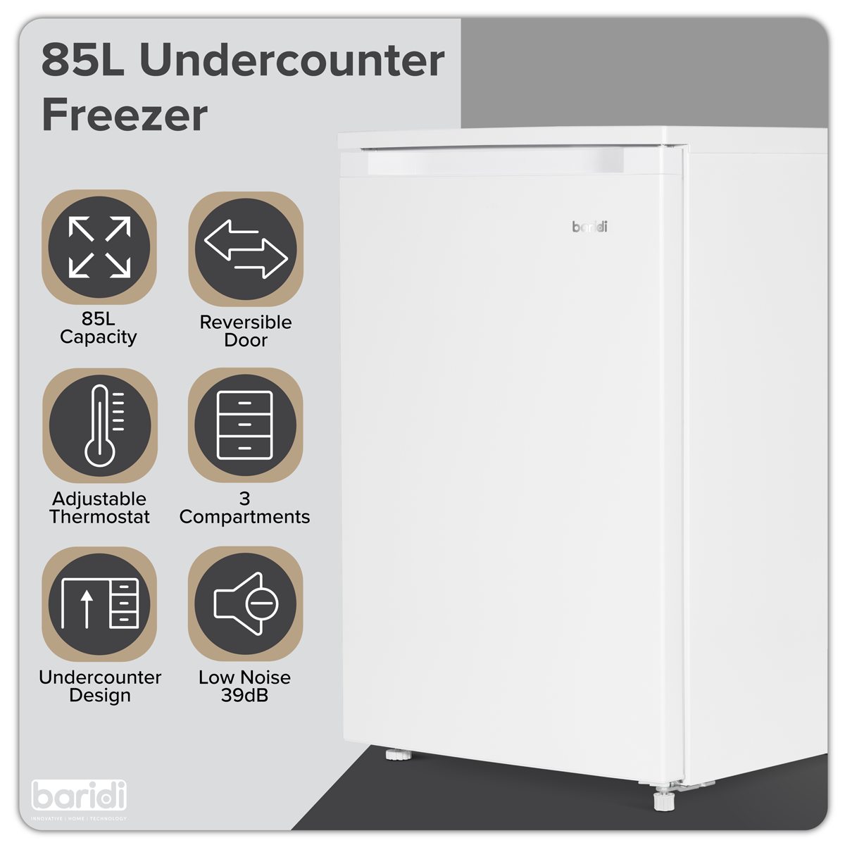 Baridi DH250 Baridi 55cm Undercounter Freezer with Adjustable Thermostat 85L - White