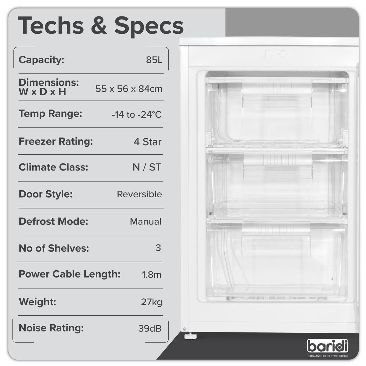 Baridi DH250 Baridi 55cm Undercounter Freezer with Adjustable Thermostat 85L - White