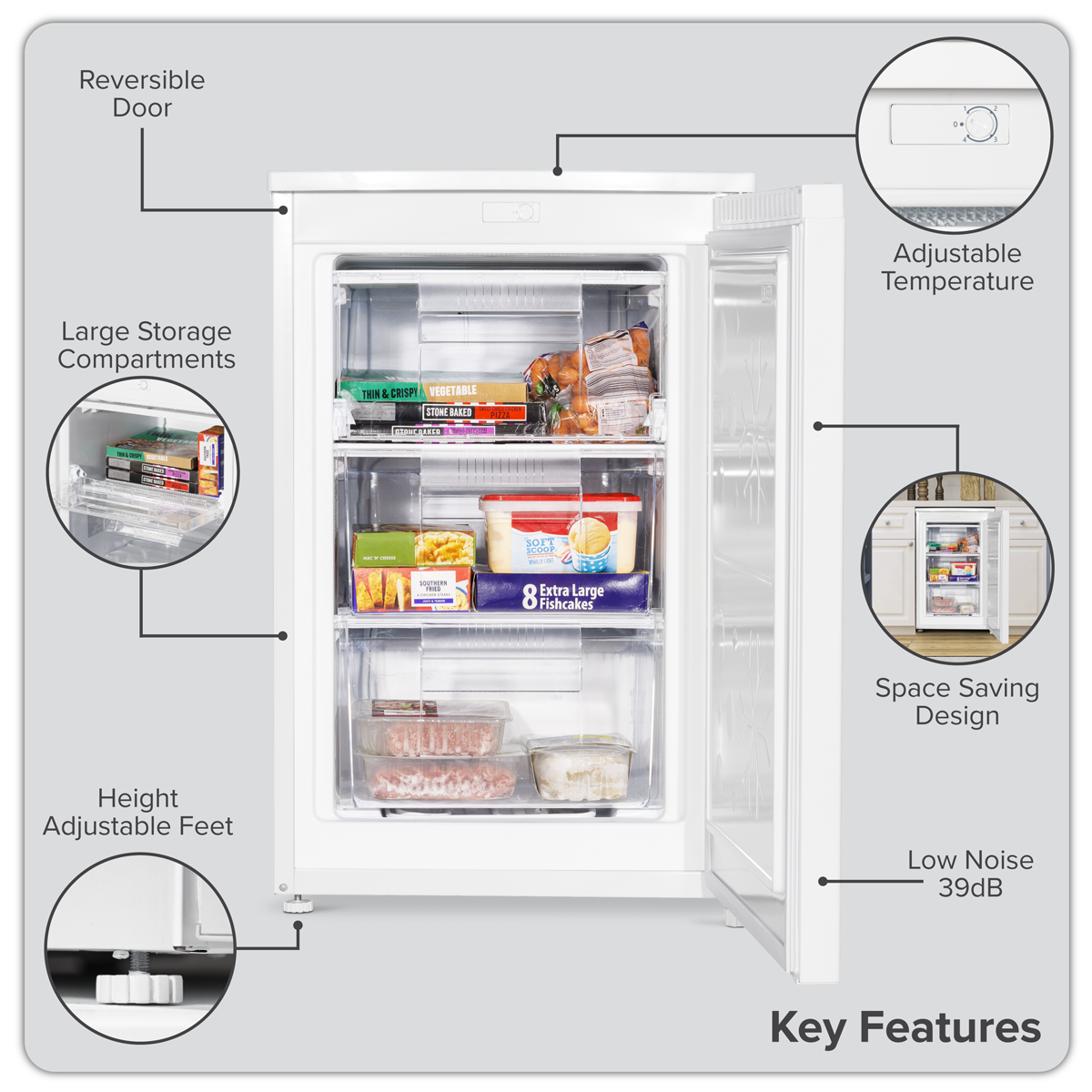 Baridi DH250 Baridi 55cm Undercounter Freezer with Adjustable Thermostat 85L - White