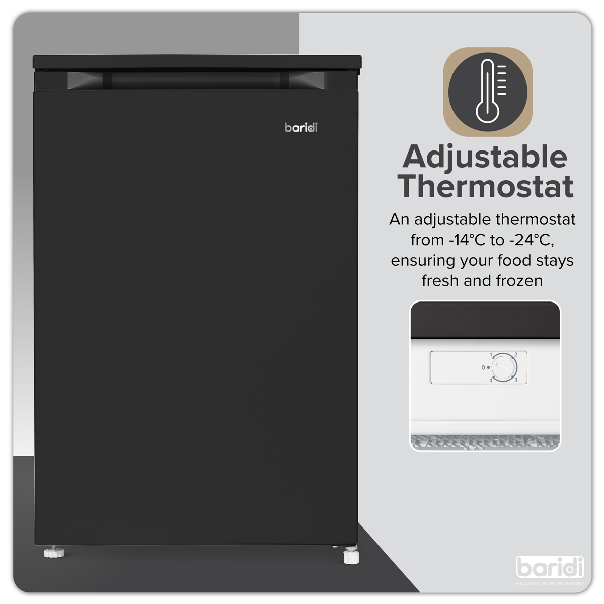 Baridi DH251 Baridi 55cm Undercounter Freezer with Adjustable Thermostat, 85L - Black