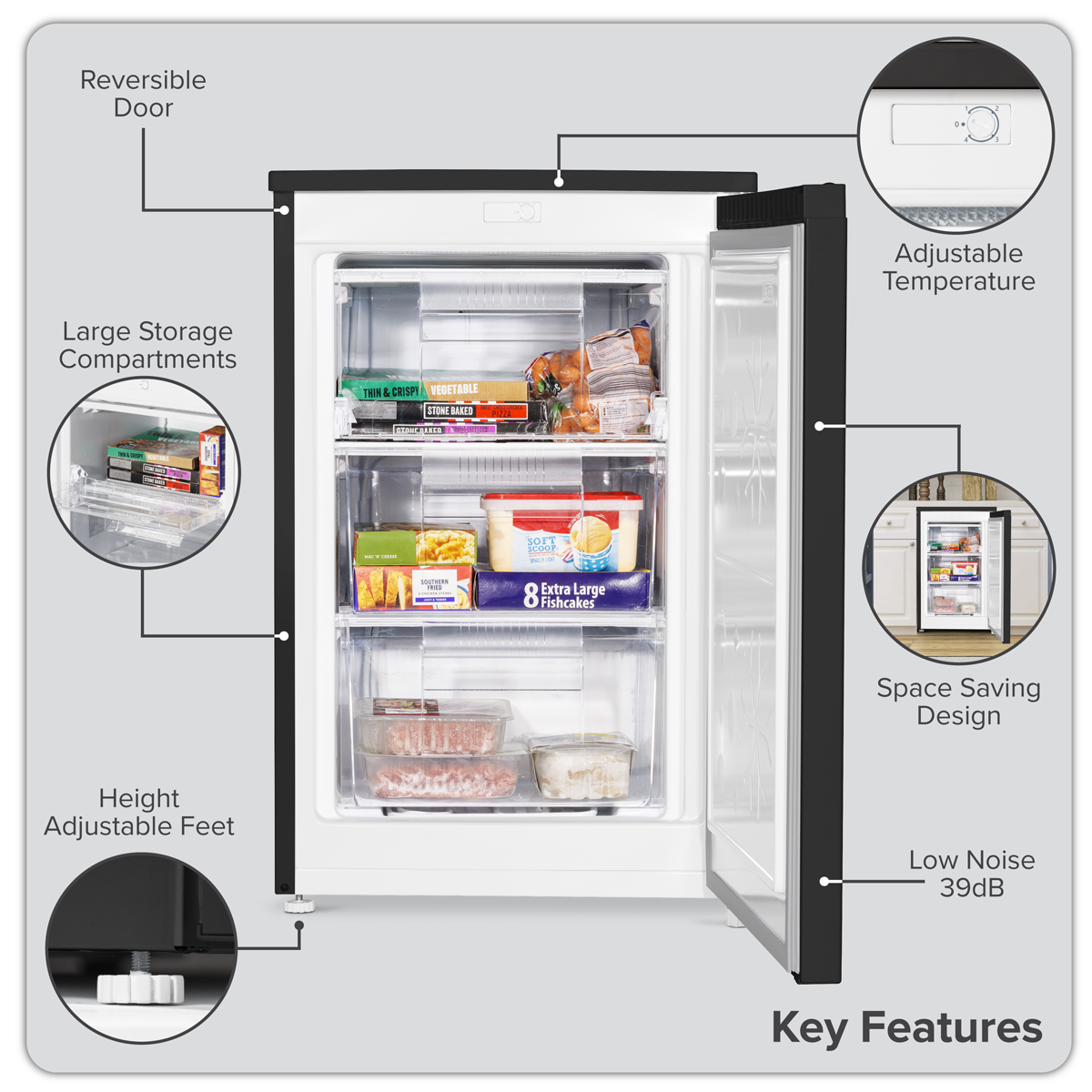 Baridi DH251 Baridi 55cm Undercounter Freezer with Adjustable Thermostat, 85L - Black