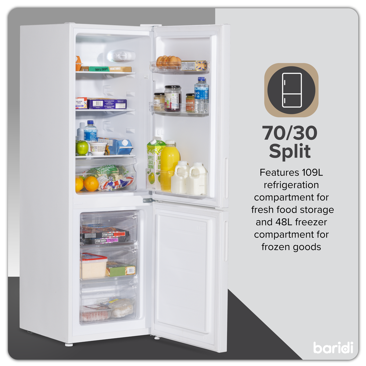 Baridi DH252 Baridi 70/30 Low Frost Fridge Freezer 157L Capacity - White