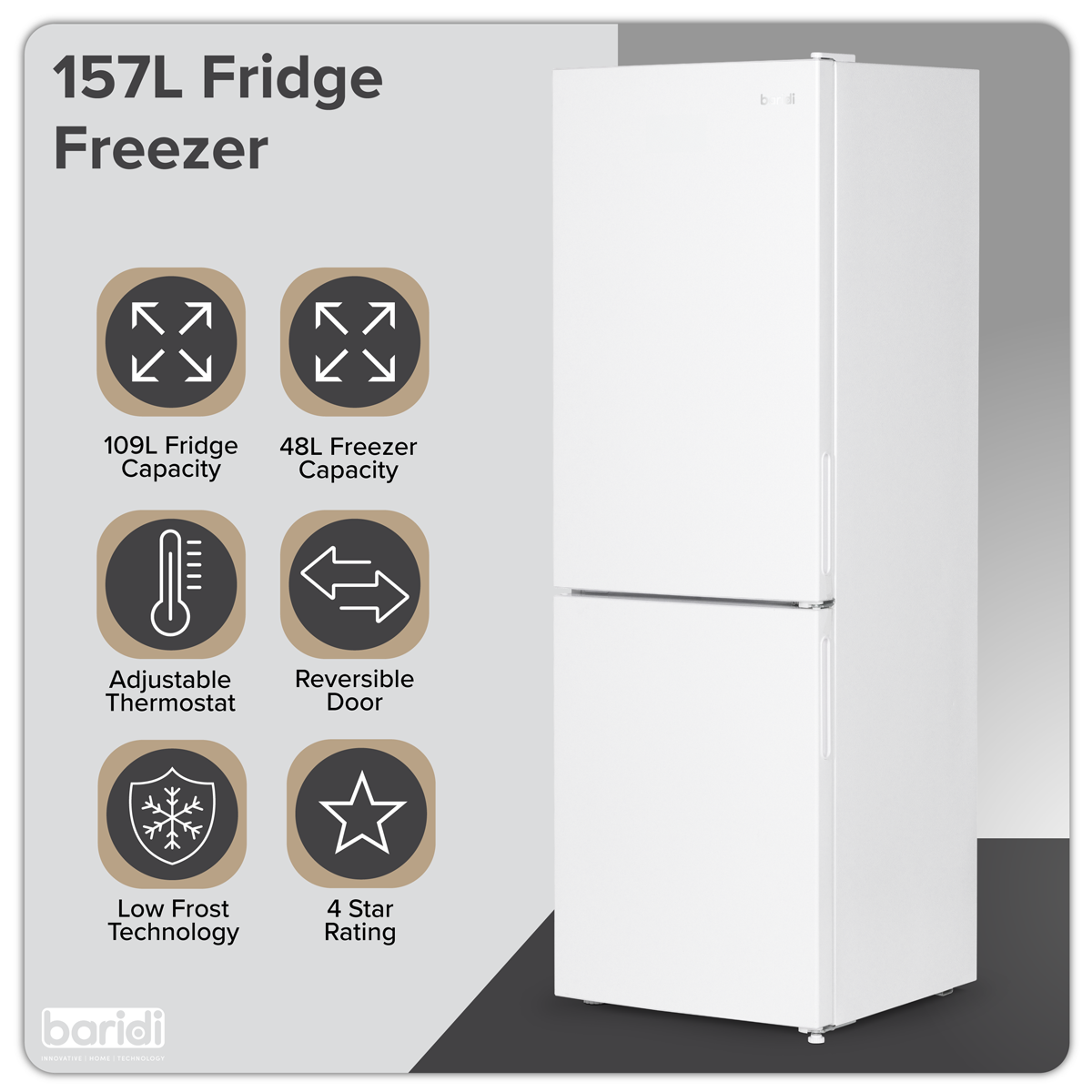 Baridi DH252 Baridi 70/30 Low Frost Fridge Freezer 157L Capacity - White