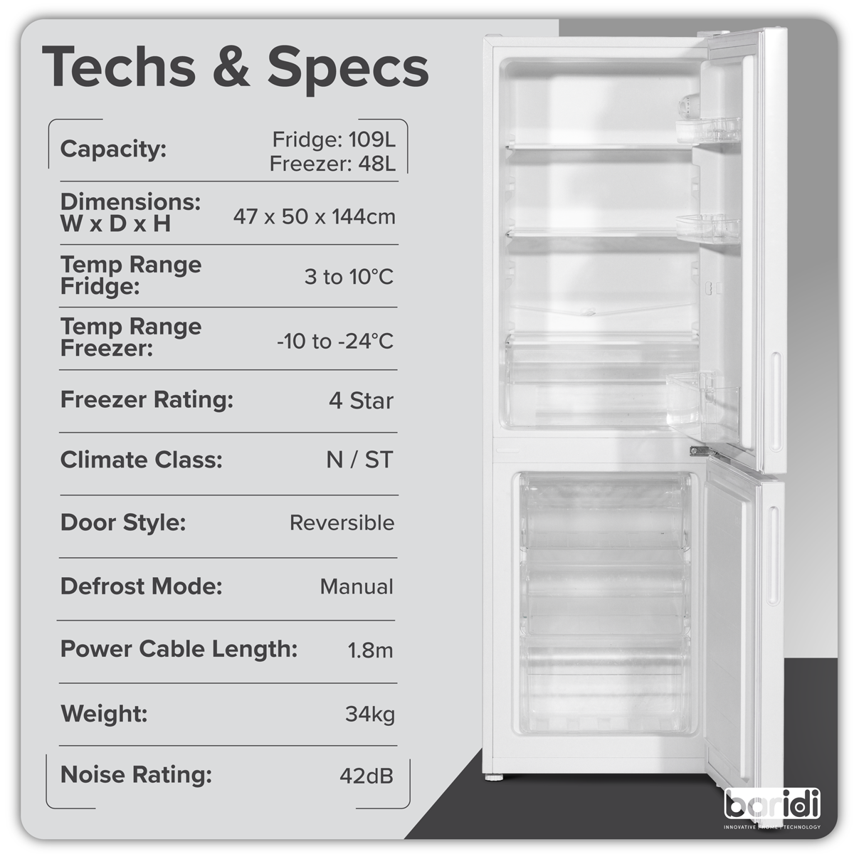 Baridi DH252 Baridi 70/30 Low Frost Fridge Freezer 157L Capacity - White