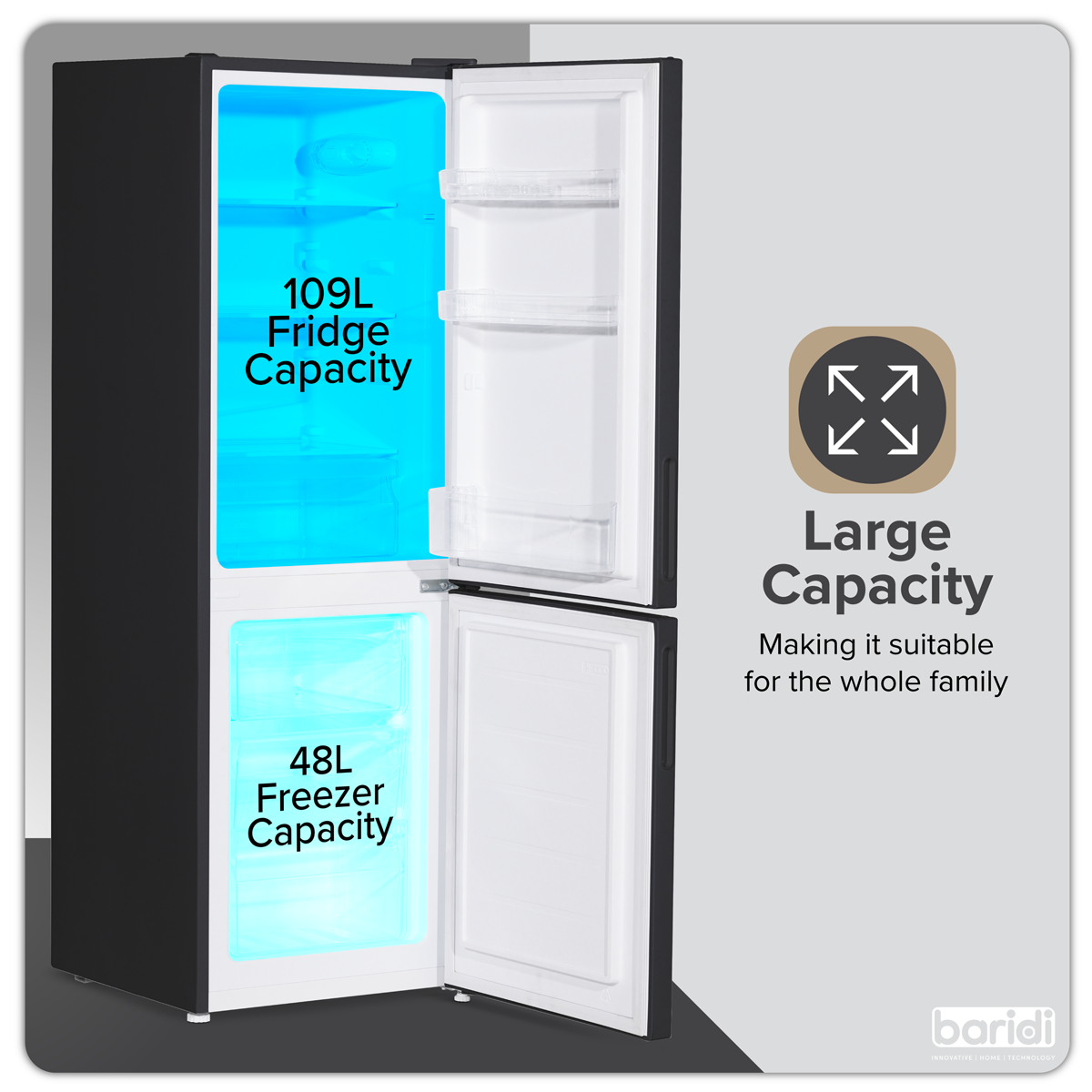 Baridi DH253 Baridi 47cm 70/30 Fridge Freezer, 157L Capacity Low Frost