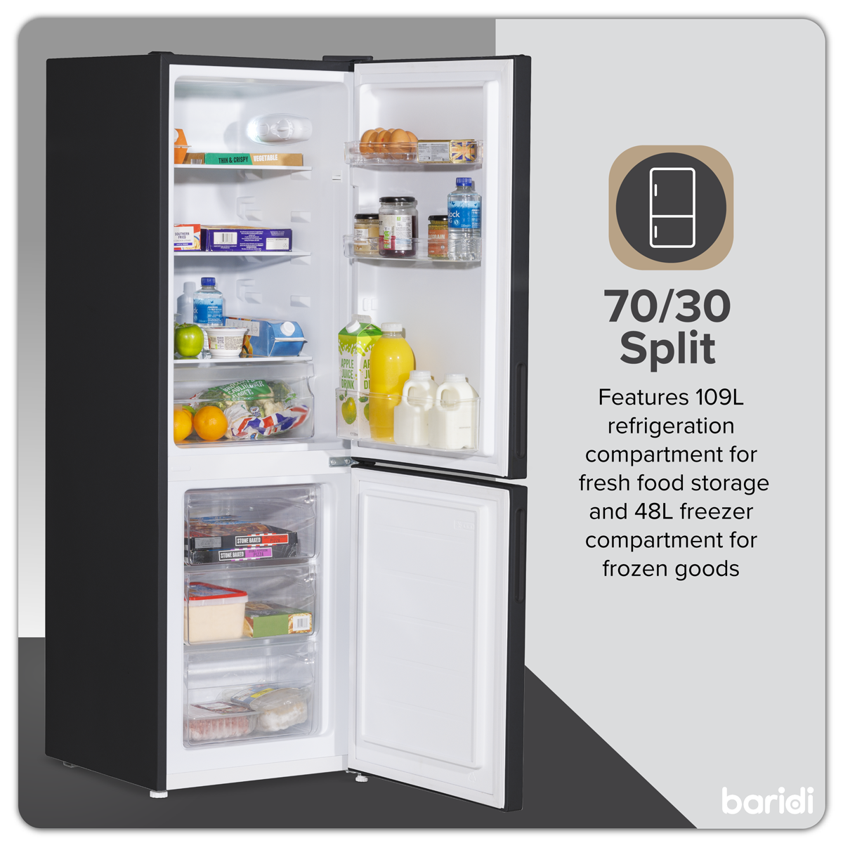 Baridi DH253 Baridi 47cm 70/30 Fridge Freezer, 157L Capacity Low Frost
