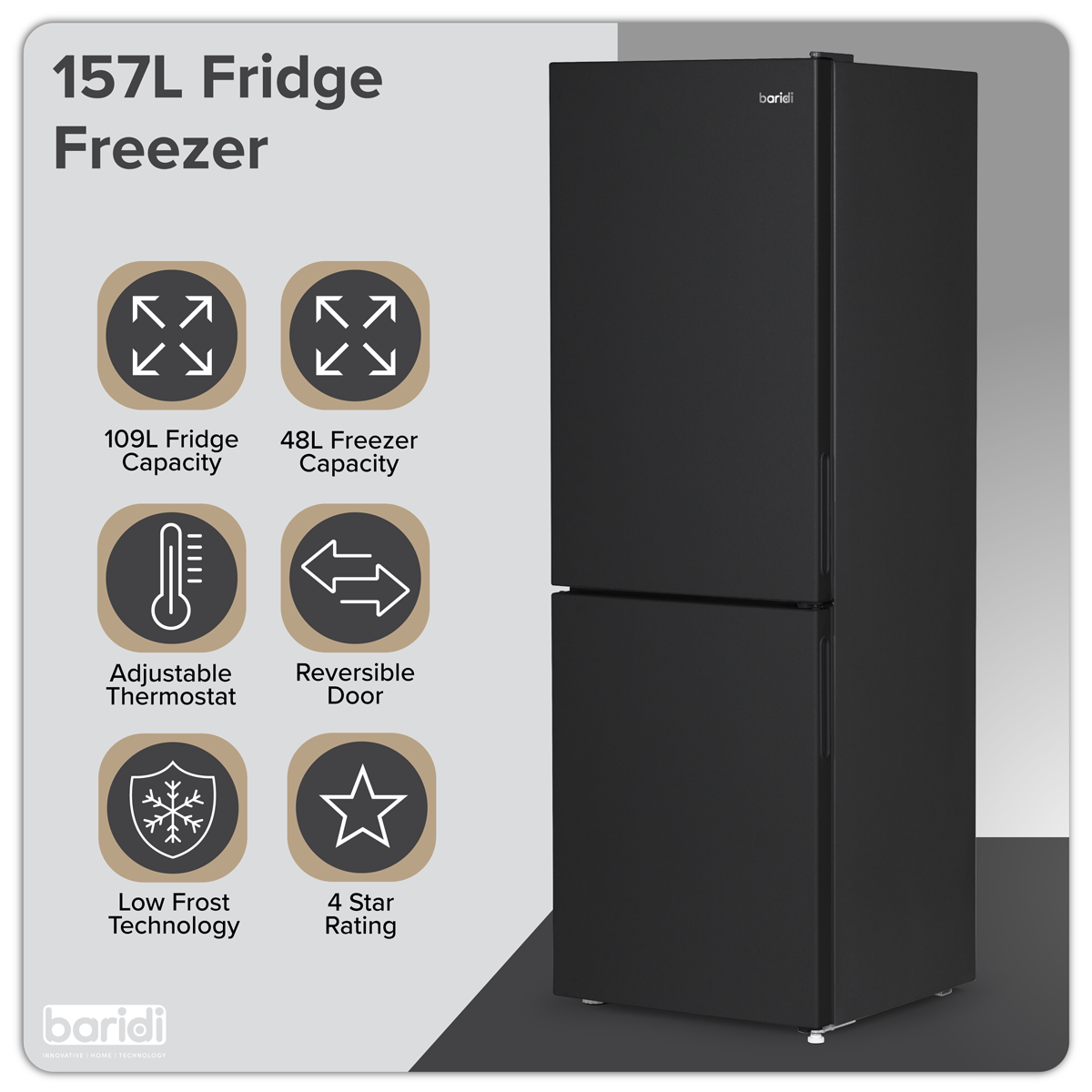 Baridi DH253 Baridi 47cm 70/30 Fridge Freezer, 157L Capacity Low Frost
