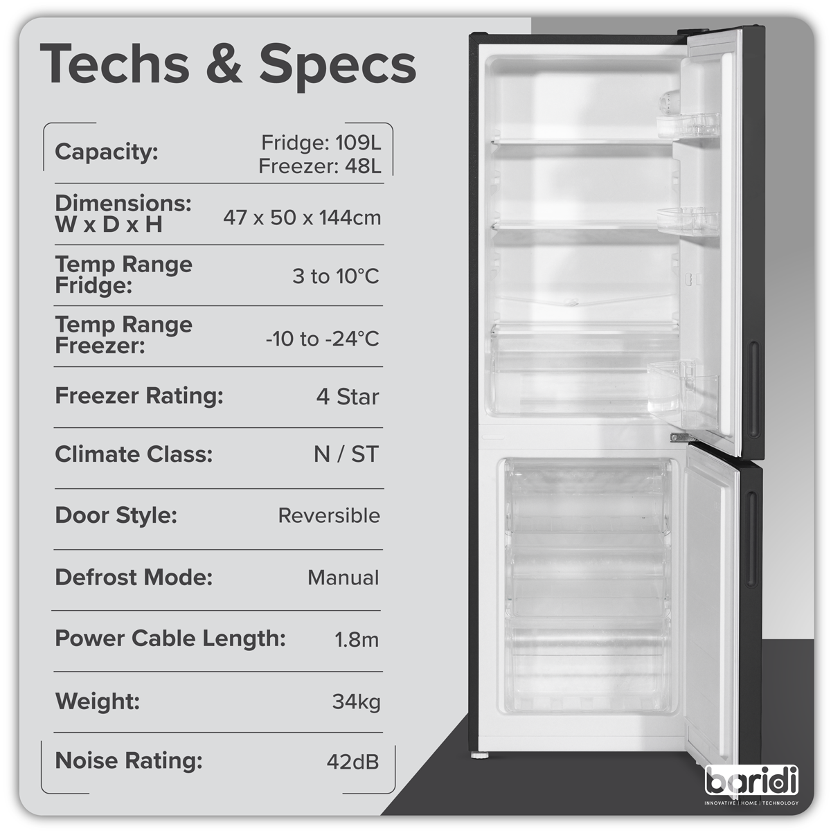 Baridi DH253 Baridi 47cm 70/30 Fridge Freezer, 157L Capacity Low Frost