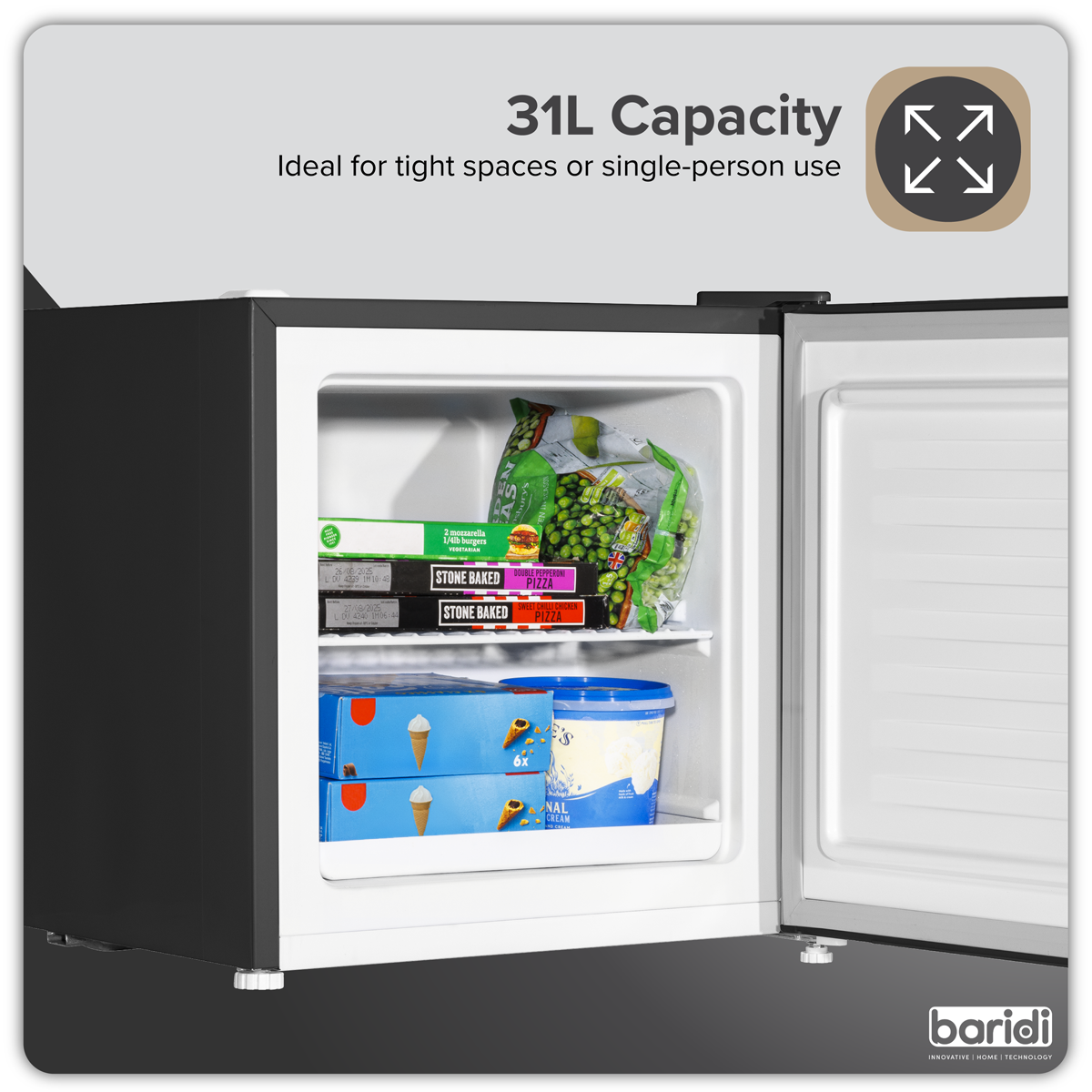 Baridi DH255 Baridi Mini Tabletop Fridge/Freezer, 31L Capacity - Black