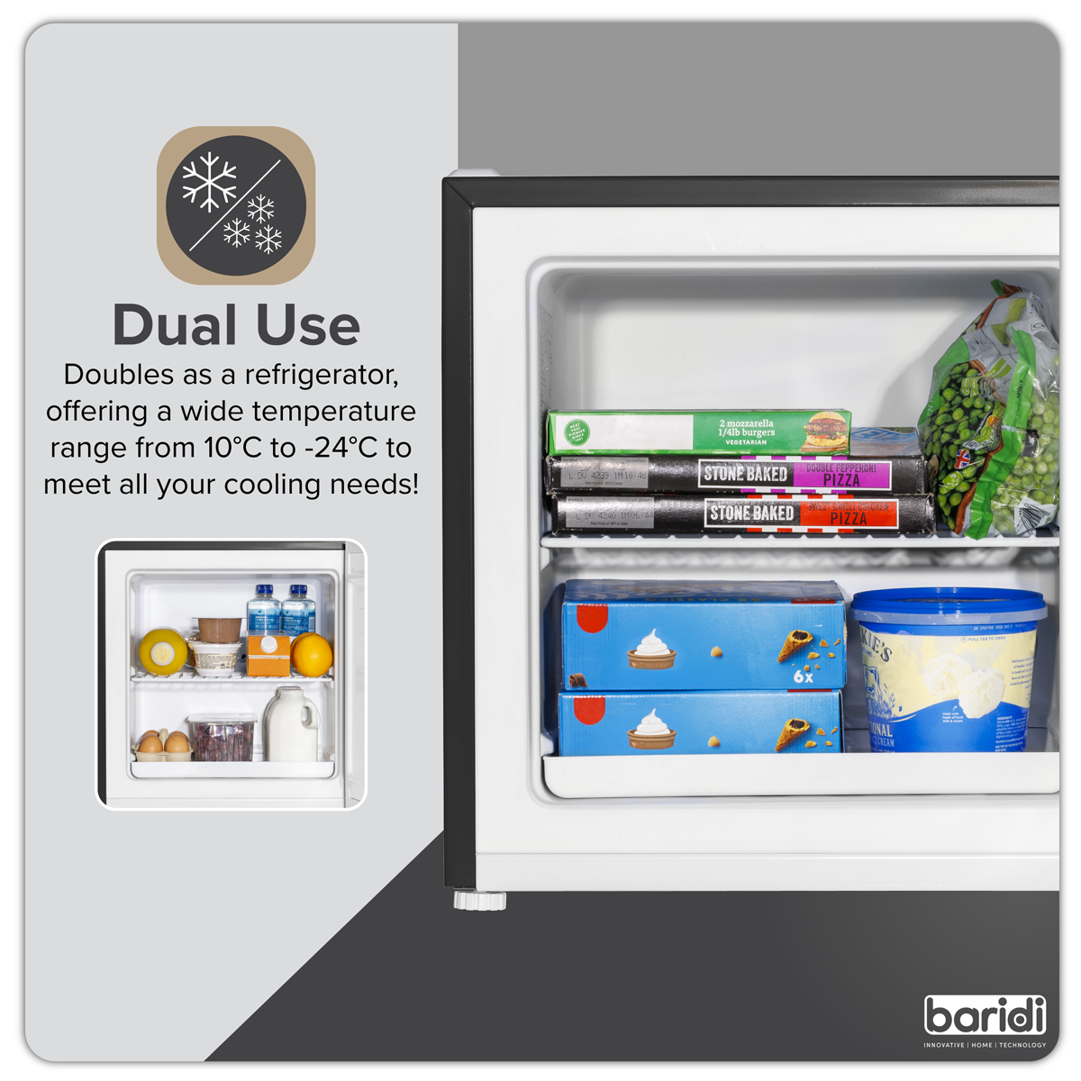 Baridi DH255 Baridi Mini Tabletop Fridge/Freezer, 31L Capacity - Black