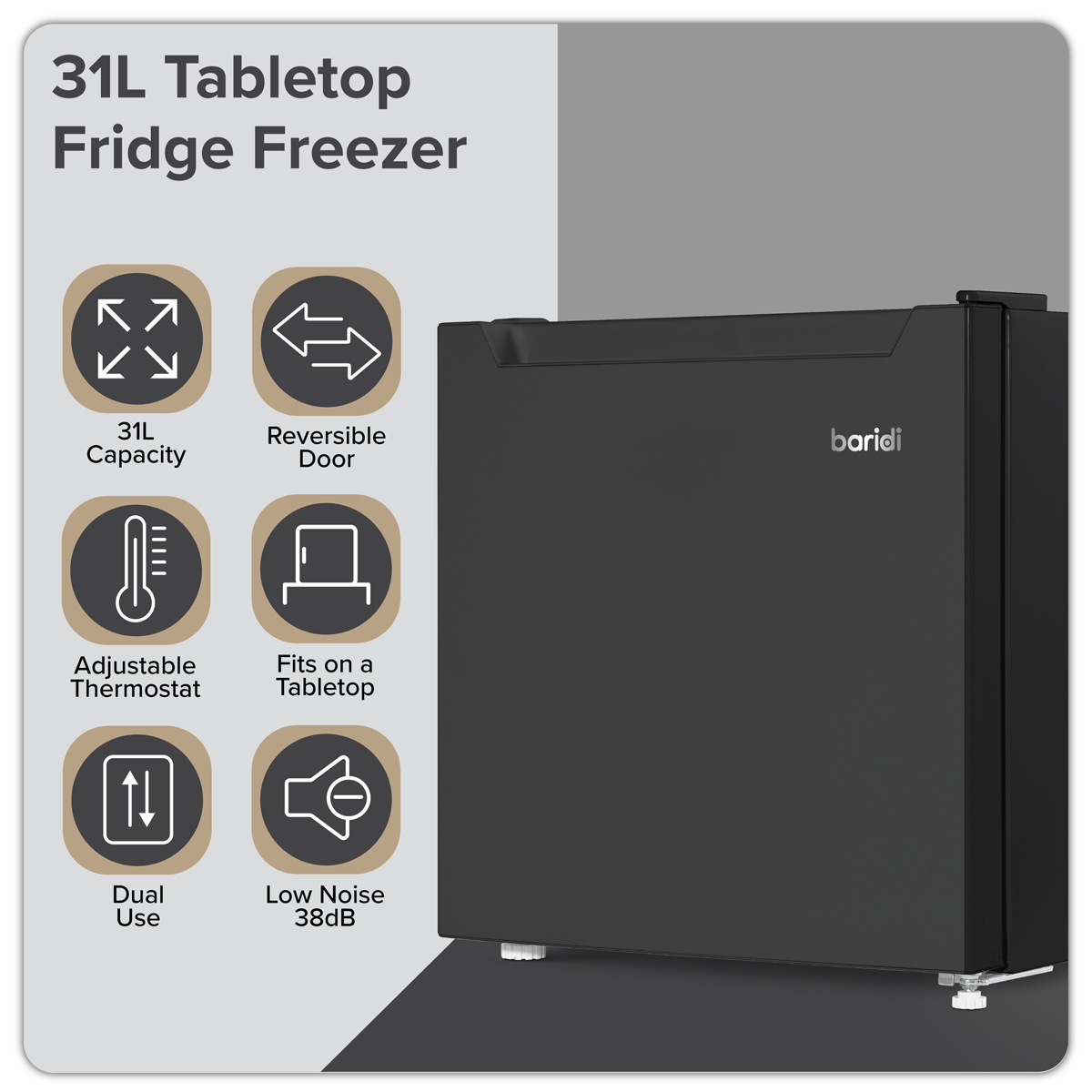 Baridi DH255 Baridi Mini Tabletop Fridge/Freezer, 31L Capacity - Black