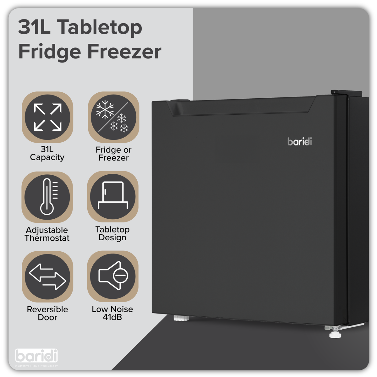 Baridi DH255 Baridi Mini Tabletop Fridge/Freezer, 31L Capacity - Black