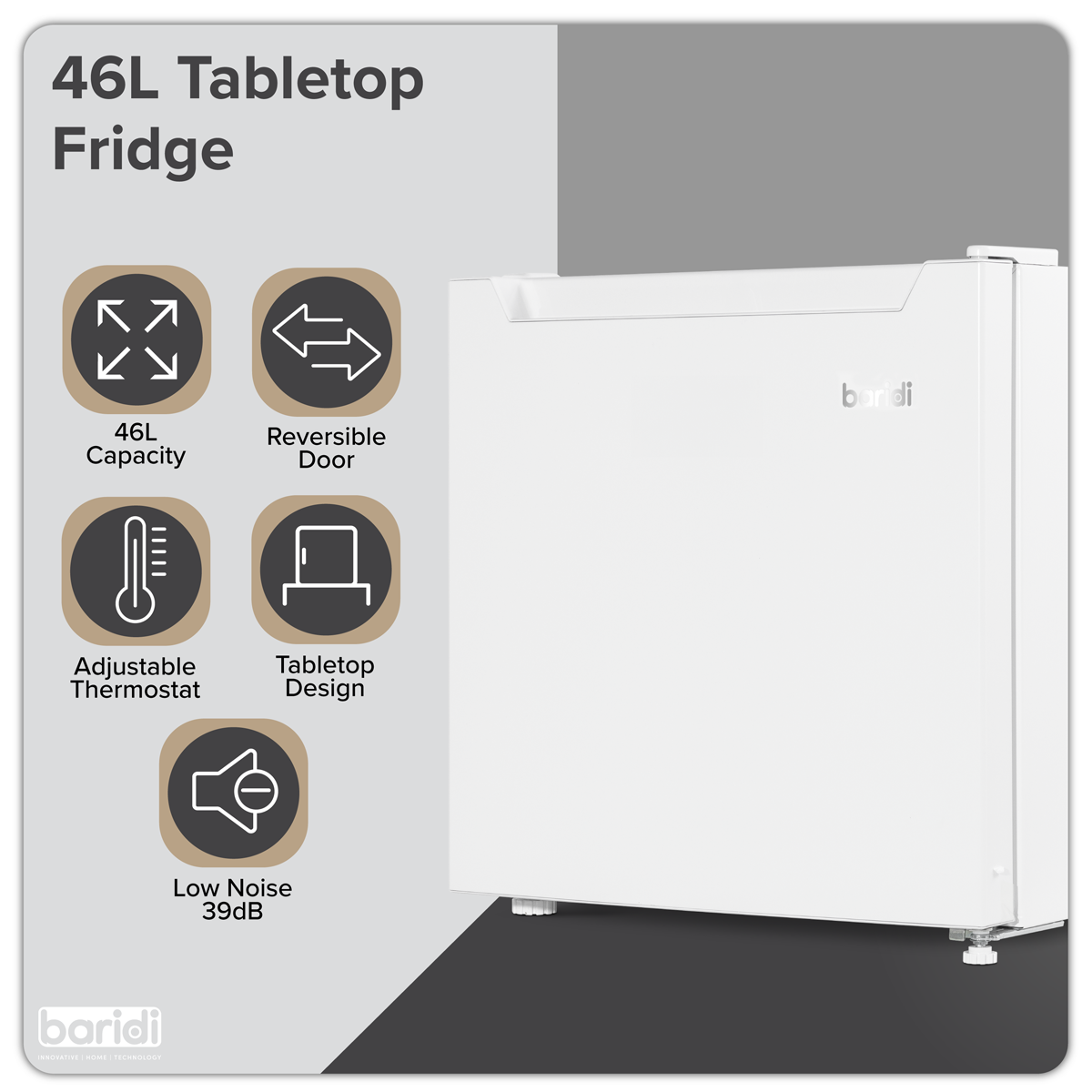 Baridi DH256 Baridi Tabletop Fridge with Ice Box, 46L Capacity, Adjustable Thermostat - White