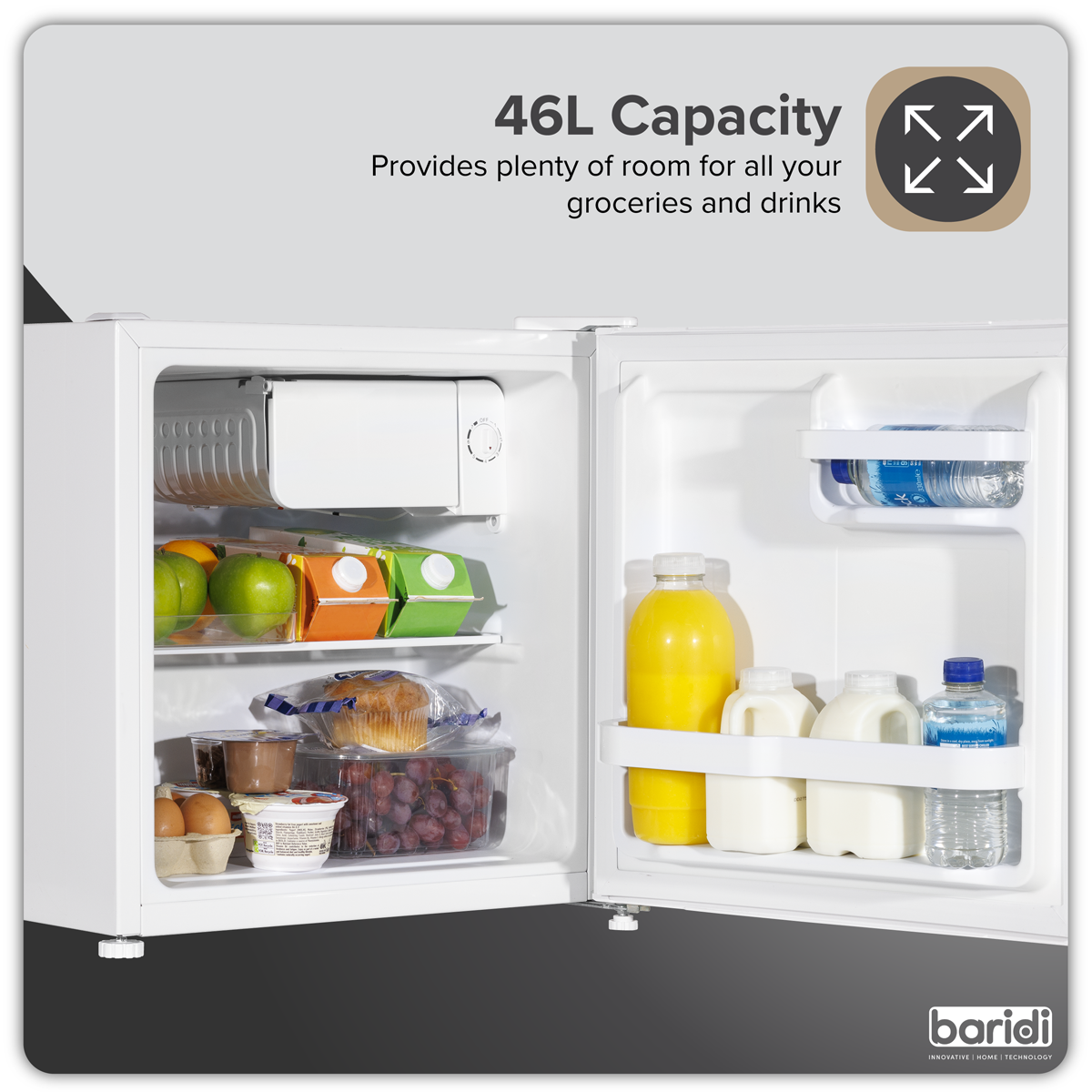 Baridi DH256 Baridi Tabletop Fridge with Ice Box, 46L Capacity, Adjustable Thermostat - White